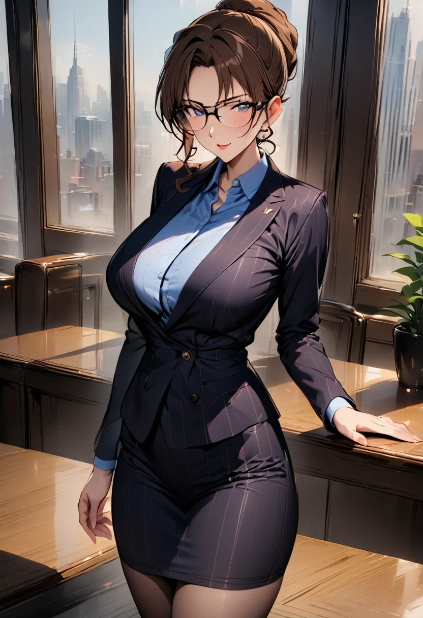 beautiful lawyer (best quality,masterpiece:1.2), perfect figure, with glasses, ultra clear, ultra detailed, depth of field, brown hair, charismatic, 36 years old