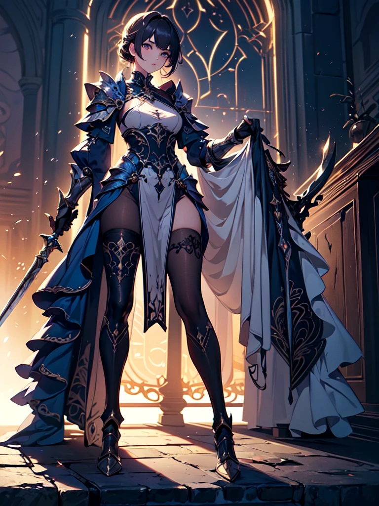 (((masterpiece, best quality, high detailed, 8k))) Design a layout showcase Gaming character, (1girl). Purple|Silver clothes, stylish and unique. ((showcase weapon:1.4)), magical orb. (masterpiece:1.2), (best quality), 4k, ultra-detailed. (Step by step design, layout art:1.5), (luminous lighting, atmospheric lighting). sorceress, ((glove full hands)), (((revealing clothes:1.3))), vambraces, armored legwear, (((full_body_shot:1.4))). {In an enchanted castle}.
