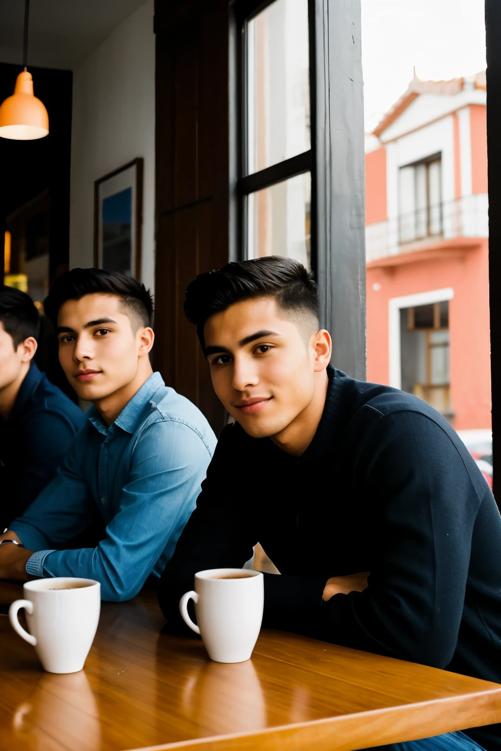 handsome young man with his friends looking at the window in chorrillos district peru, drinking coffee in an aesthetic cafe, acogedora y calida.