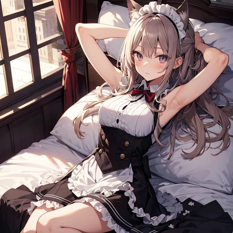 A maids, (in bedroom), various hair styles, night, details face, short skirt, seducing, sleeveless, maid uniform, armpits, animal ears, laying on bed