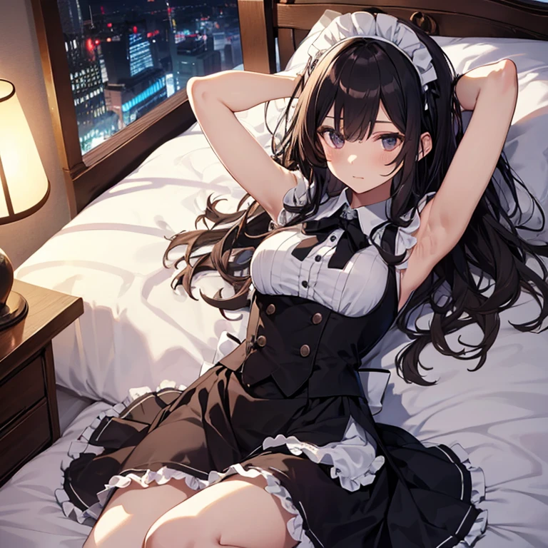 A maids, (in bedroom), various hair styles, night, details face, short skirt, seducing, sleeveless, maid uniform, armpits, laying on bed
