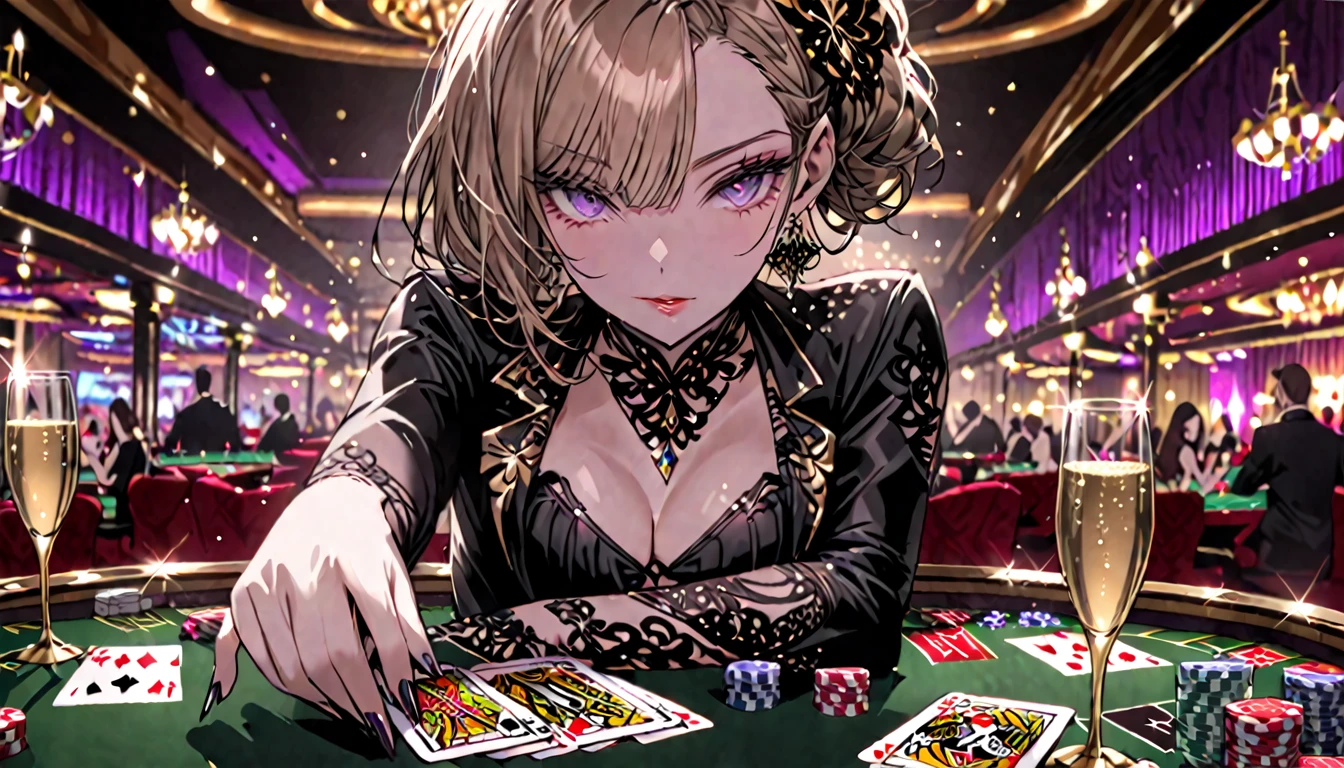 luxurious casino, elegant, opulent, card table, female croupier dealing cards, close up, pov, facing the viewer, champagne, intimate atmosphere, decadent atmosphere