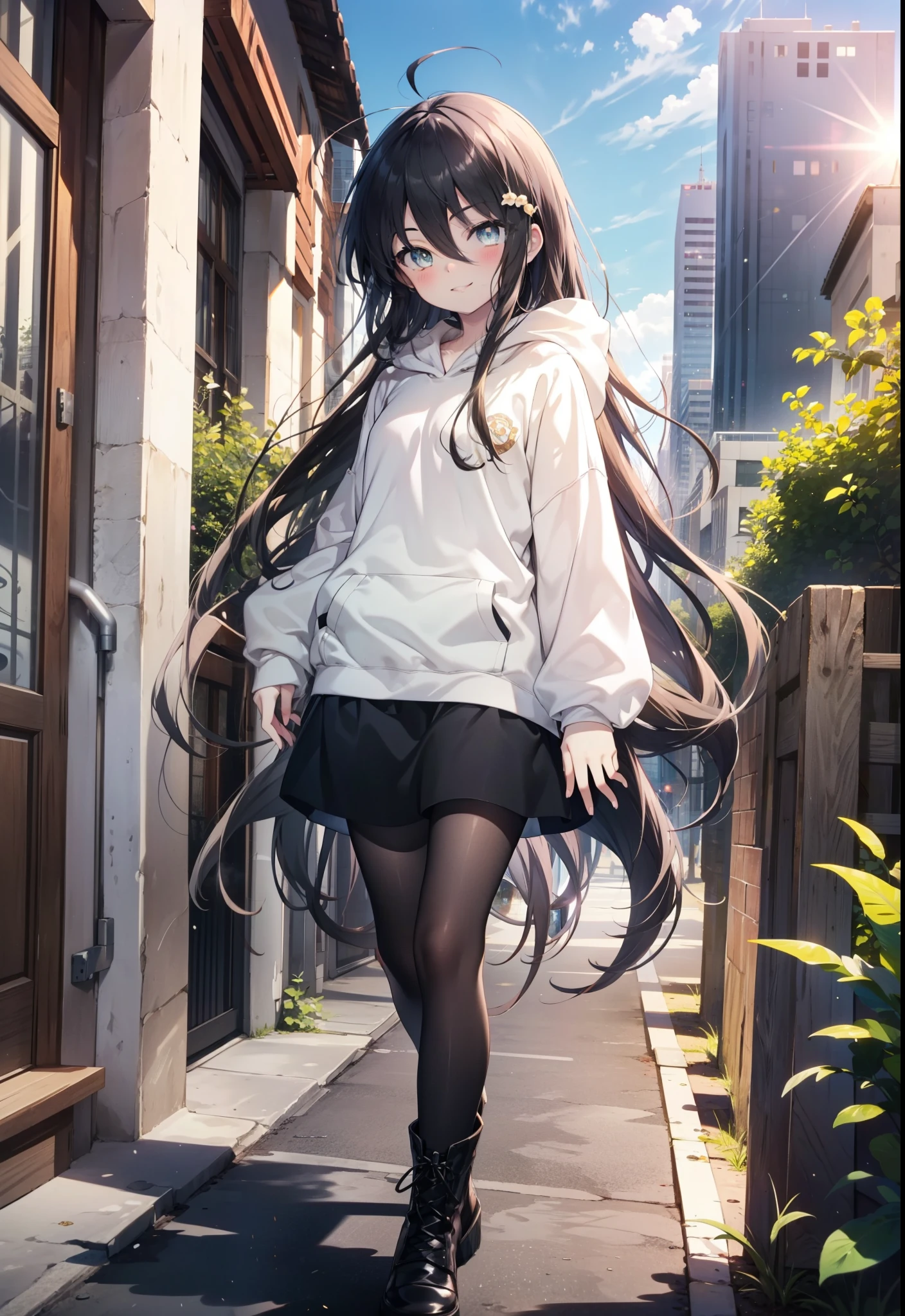 Shana,灼眼のShana,Ahoge,Long Hair,Black, Iris, Small breasts,happy smile, smile, Close your mouth,blush,Oversized hoodie,Black long skirt,Black pantyhose,short boots,walking,morning,morning陽,The sun is rising,whole bodyがイラストに入るように,
break looking at viewer, whole body, 
break outdoors, Building district,
break (masterpiece:1.2), highest quality, High resolution, unity 8k wallpaper, (shape:0.8), (Beautiful and beautiful eyes:1.6), Highly detailed face, Perfect lighting, Highly detailed CG, (Perfect hands, Perfect Anatomy),