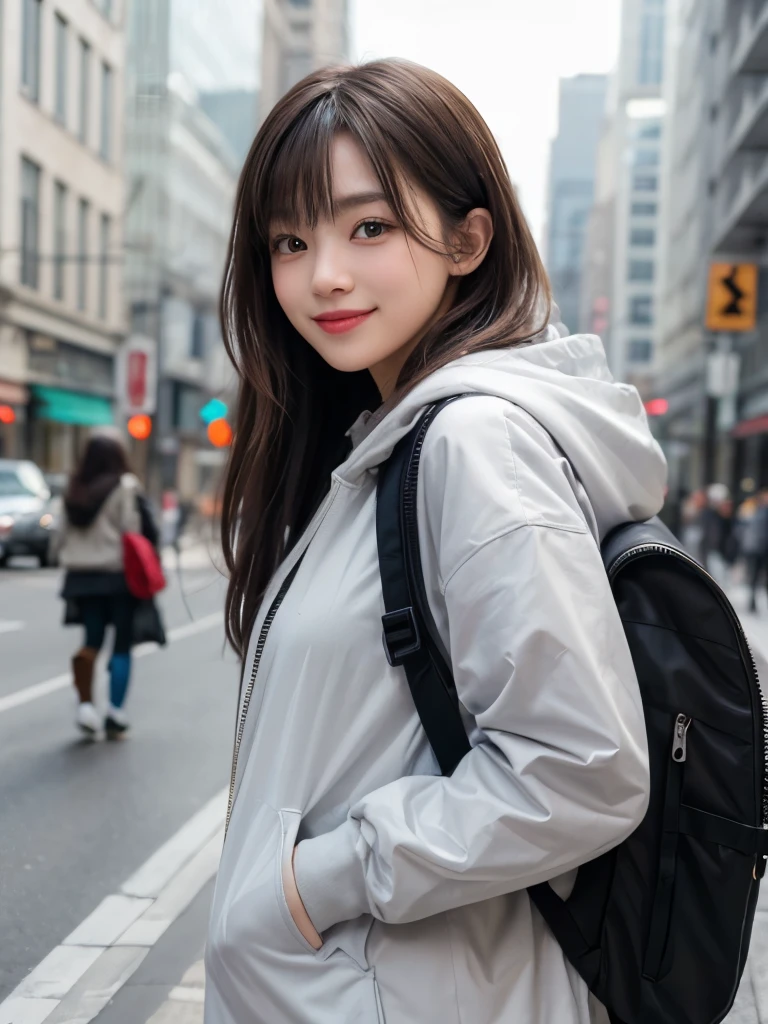 8k,One girl, Food, alone, Hoodies、Brown long hair、See-through bangs、bag, Blurred, coat, gray_eye, Blurred_background, Backpack, zipper, Urban Tech Wear,Toothy smile、View your viewers