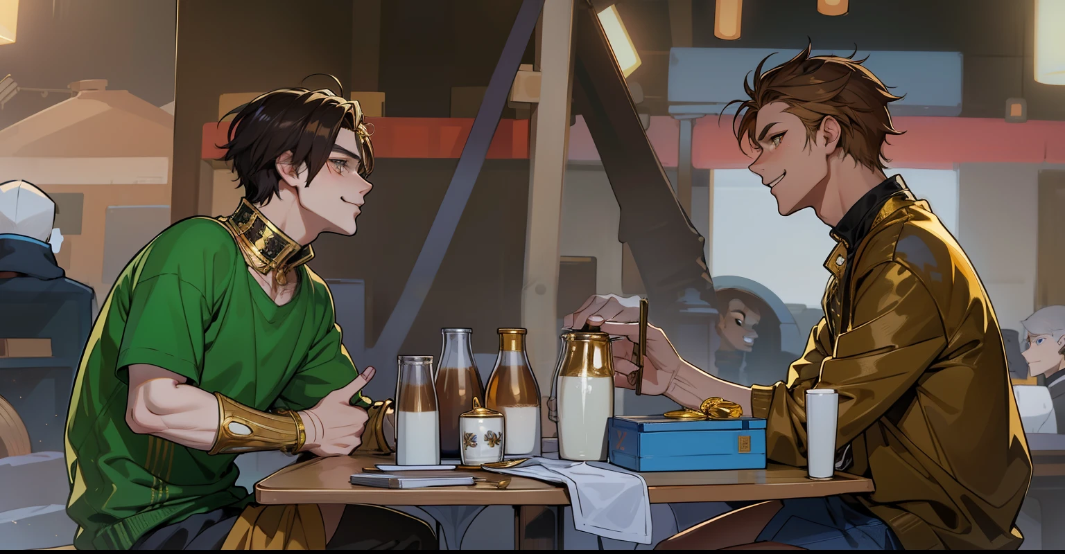 He has gold metal on his arm and his clothes are gold jewelry. He talks to him. He looks at him with a distrustful smile. Cute 17-year-old boys. Honey-colored eyes.