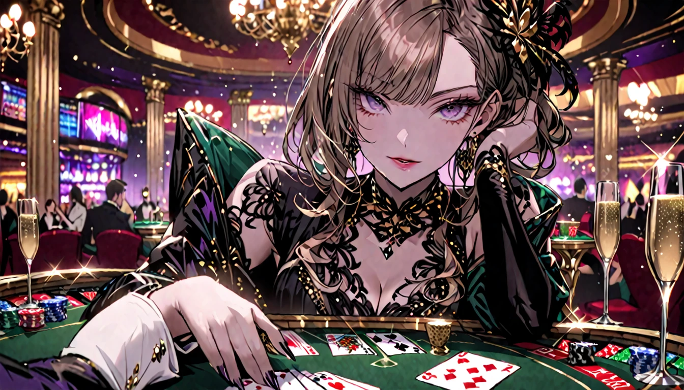 luxurious casino, elegant, opulent, card table, female croupier dealing cards, close up, pov, facing the viewer, champagne, decadent atmosphere