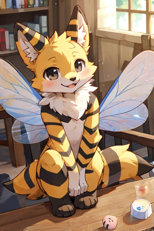 furry, anthro, kemono, 
tiny bee/fennex fox hybrid, big fluffy ears, fluffy tail with stinger, bee wings, yellow fur, black stripes all over body, neck floof, cute black eyes, slim body, cute little bean, 
sitting on a giant table, 
naked, 
pawpads, pink pawpads, 
best quality, 4K, UHD, masterpiece, digitigrade stance, tiny character, 