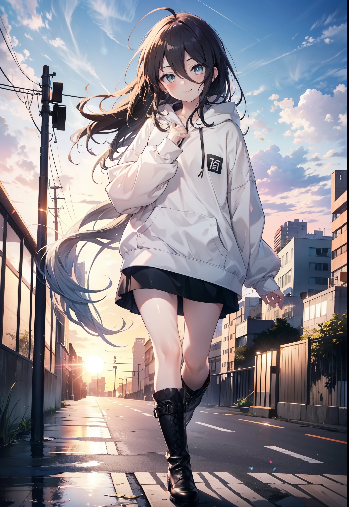 Shana,灼眼のShana,Ahoge,Long Hair,Black, Iris, Small breasts,happy smile, smile, Close your mouth,blush,Oversized hoodie,Black long skirt,short boots,walking,morning,morning陽,The sun is rising,whole bodyがイラストに入るように,
break looking at viewer, whole body, 
break outdoors, Building district,
break (masterpiece:1.2), highest quality, High resolution, unity 8k wallpaper, (shape:0.8), (Beautiful and beautiful eyes:1.6), Highly detailed face, Perfect lighting, Highly detailed CG, (Perfect hands, Perfect Anatomy),