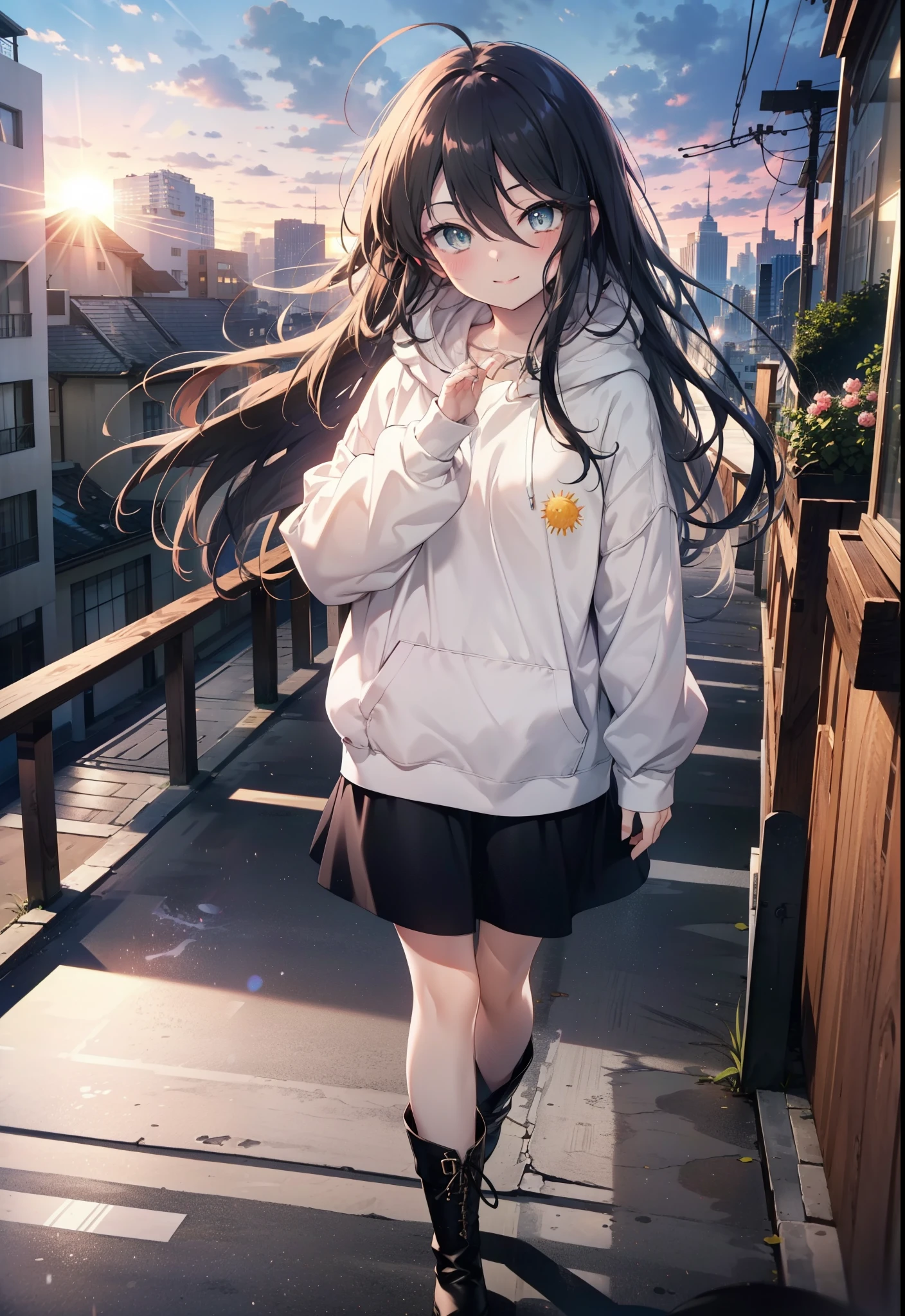 Shana,灼眼のShana,Ahoge,Long Hair,Black, Iris, Small breasts,happy smile, smile, Close your mouth,blush,Oversized hoodie,Black long skirt,short boots,walking,morning,morning陽,The sun is rising,whole bodyがイラストに入るように,
break looking at viewer, whole body, 
break outdoors, Building district,
break (masterpiece:1.2), highest quality, High resolution, unity 8k wallpaper, (shape:0.8), (Beautiful and beautiful eyes:1.6), Highly detailed face, Perfect lighting, Highly detailed CG, (Perfect hands, Perfect Anatomy),