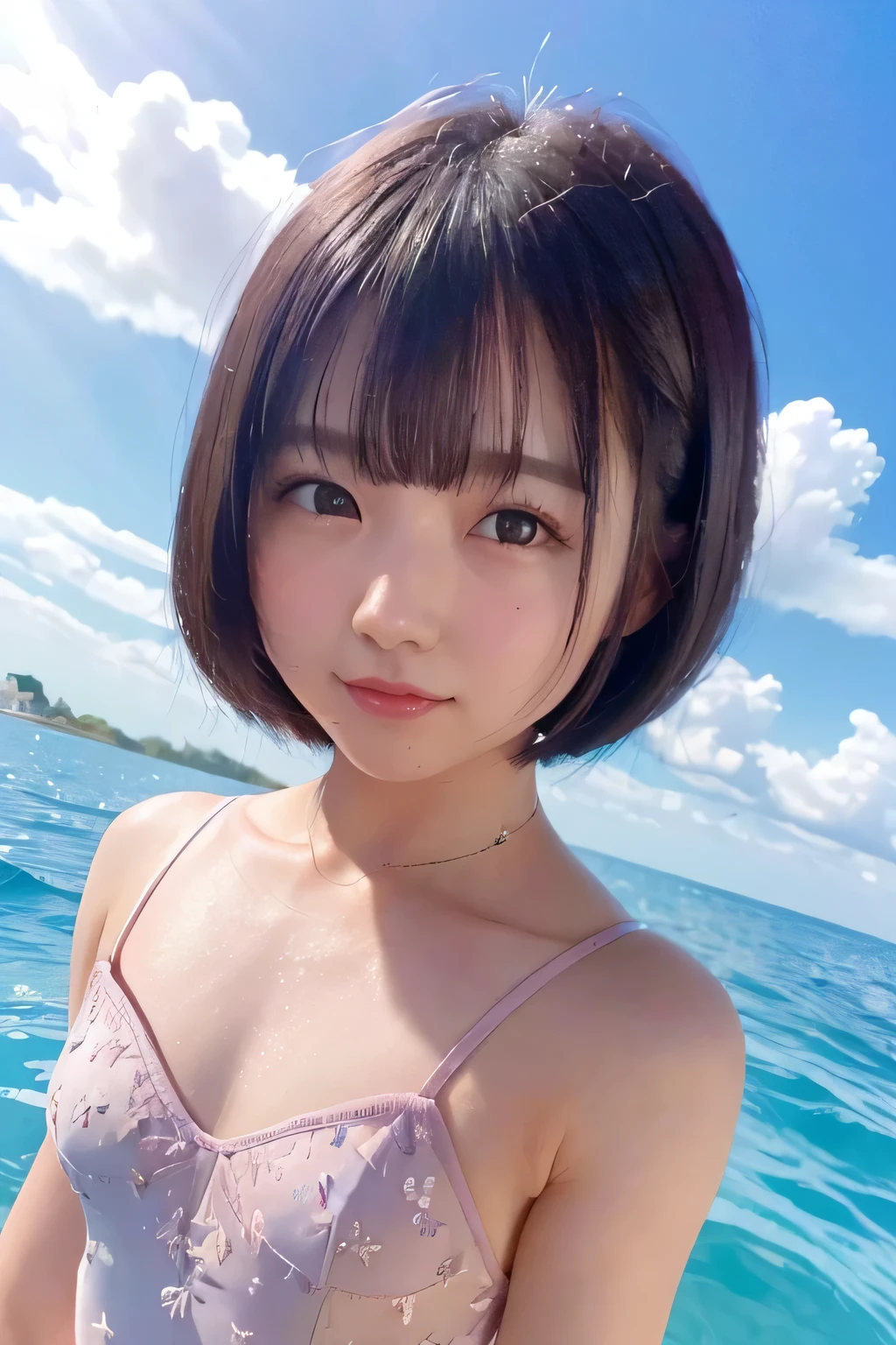 8k,((highest quality)), ((masterpiece)), highest quality),, Gymnast, , Ocean, , blush, Staring at the audience, cloud, splash, Wave, sun,  , , High resolution, Super detailed, 1 Girl、、slim、(Flat Body)、(25 year old girl)、Black Hair、Iris、(short hair:1.3)、(Face shot close up:1.23)、