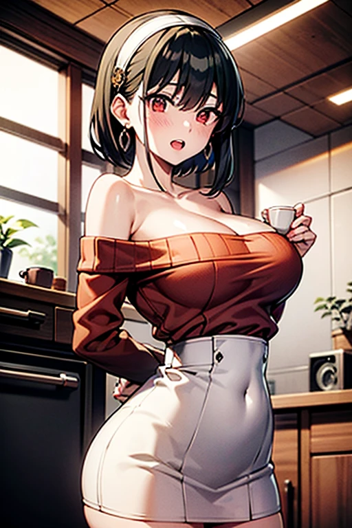 masterpiece, yor, 1girl, Amazing Cleavage:1.3, thin waist, big ass, Raised sexy, medium breast: 1.8 posed cleavage:1.2、solo, looking at viewer, open mouth, have a cup of coffee,black hair, red eyes, dress, bare shoulders, jewelry, collarbone, sidelocks, hairband, earrings, indoors, off shoulder, :o, sweater, arms behind back, plant, short hair with long locks, white hairband, off-shoulder long dress, sweater dress, off-shoulder sweater, red sweater, big side hair, very long side hair,is rendered in (masterpiece: 1.2, best quality), with (ultra high resolution) and an exquisite (depth of field). This masterpiece is not only visually stunning but also tells, make of cake cooking ,in the kitchen