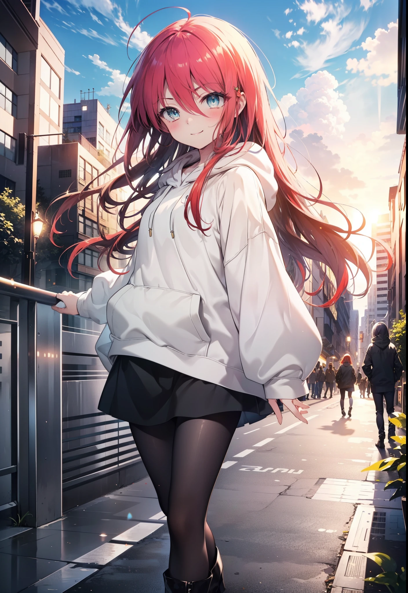 Shana,灼眼のShana,Ahoge,Long Hair,Black, Iris, Small breasts,happy smile, smile, Close your mouth,blush,Oversized hoodie,Black long skirt,Black pantyhose,short boots,walking,morning,morning陽,The sun is rising,whole bodyがイラストに入るように,
break looking at viewer, whole body, 
break outdoors, Building district,
break (masterpiece:1.2), highest quality, High resolution, unity 8k wallpaper, (shape:0.8), (Beautiful and beautiful eyes:1.6), Highly detailed face, Perfect lighting, Highly detailed CG, (Perfect hands, Perfect Anatomy),