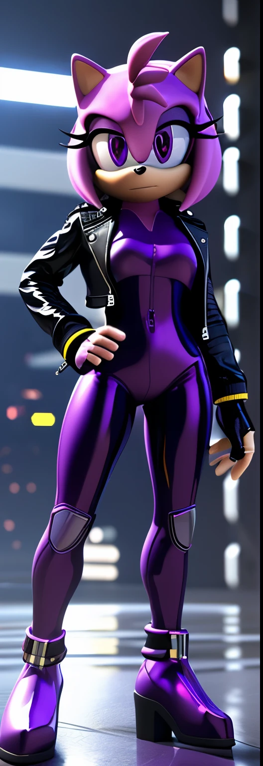 Solo, 1girl, full body image, rendered in SFM, ((sonic oc:1)), from sonic, high detail iconic character, in the new action-movie sonic, cyberpunk city, official render, 3d render official art, toon shader, ((female)), (((purple hedgehog:1))), ((shiny)) (purple fur:1.0), (((Amy rose style quills))), (((metallic purple eyeliner))) ((deep purple eyes:1.5)), ((calm neutral expression)), ray trace 4 k, ray trace 4k, (((metallic purple latex bodysuit))), (((leather jacket))), ((fingerless gloves:0.9))