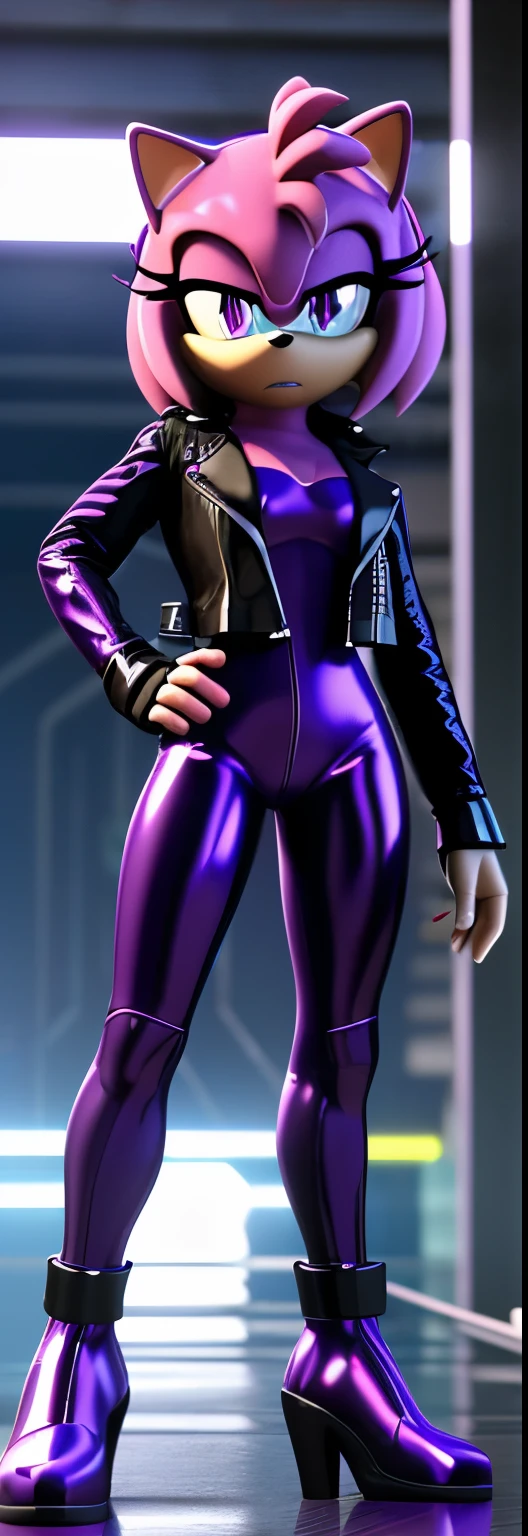 Solo, 1girl, full body image, rendered in SFM, ((sonic oc:1)), from sonic, high detail iconic character, in the new action-movie sonic, cyberpunk city, official render, 3d render official art, toon shader, ((female)), (((purple hedgehog:1))), ((shiny)) (purple fur:1.0), (((Amy rose style quills))), (((metallic purple eyeliner))) ((deep purple eyes:1.5)), ((calm neutral expression)), ray trace 4 k, ray trace 4k, (((metallic purple latex bodysuit))), (((leather jacket))), ((fingerless gloves:0.9))