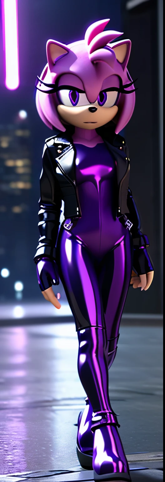 Solo, 1girl, full body image, rendered in SFM, ((sonic oc:1)), from sonic, high detail iconic character, in the new action-movie sonic, cyberpunk city, official render, 3d render official art, toon shader, ((female)), (((purple hedgehog:1))), ((shiny)) (purple fur:1.0), (((Amy rose style quills))), (((metallic purple eyeliner))) ((deep purple eyes:1.5)), ((calm neutral expression)), ray trace 4 k, ray trace 4k, (((metallic purple latex bodysuit))), (((leather jacket))), ((fingerless gloves:0.9))