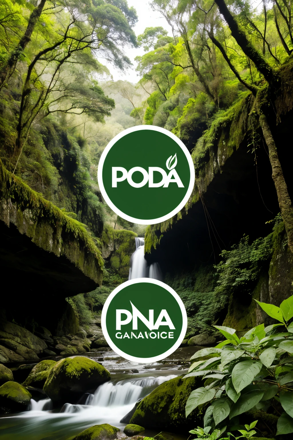 una logo para el parque nacional podcarpus, que integre color verde cascadas gastronomia, plantas