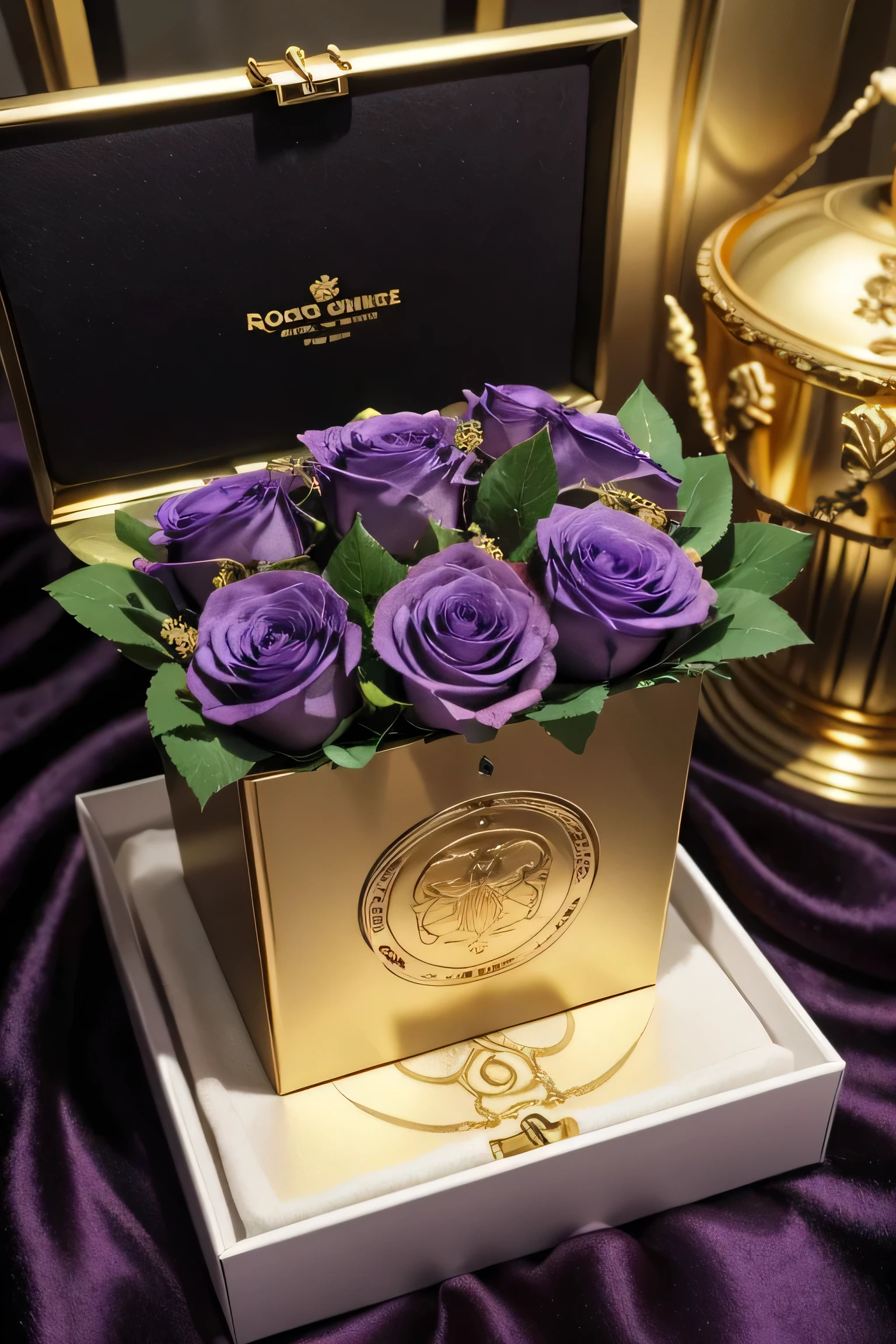 A box with gold details with purple roses inside