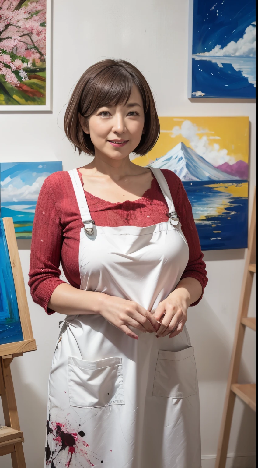 A 50-year-old woman named Sakura, dressed in an artist's outfit with a paint-splattered apron. She has red-brown bob cut hair. She is in an art studio with easels, canvases, and colorful paintings on the walls. Big breasts big breasts、