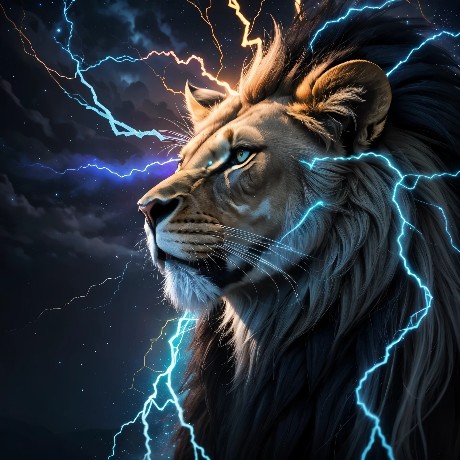 lion, Divine lion, naturais, Blue Bolts, Blue ThunderBolt, Blue Fire, Realistic Blue Fire, Realistic Thunders, Eletric Bolts, Realistic Detailed 8K, Detailed Realistic 16K, Strong, Feroz, Detailed Realistic Lion, Detailed Realistic Thunders, Blue Fire Realistic 8K, Cores Fotorrealista 8K, Cores Detalhadas 8K, Nitidez Fotorrealista 8K, Fotorrealismo ULTRAHD, Divine Blue Fire, Divine Eletric Blue Thunders, Sombras Fotorrealistas 8K, Textura Fotorrealista, Natureza, heavens, celestial, sky night, beauty sky, Noite, majestoso, majestoso Lion, majestoso Sky, Naturalmente Elegante, thunders, Sky thunders, Divine thunder, Linda, Golden, Stars Light, Sky Bolts, Blue Eletricity, Blue Bolts, Rendering, Fotorrealista, UltraHigh definition, 4K, texturasdetalhadas, thunder, sombras detalhadas, cores detalhadas, Natureza Linda, Grande Divino, contraste detalhado, Contraste realista, high resolution, cores detalhadas, fogo, eletricidade, divina criatura, 8k, Realista detalhado, 16K, 8k, High definition, contraste detalhado, Contraste realista, high resolution, cores detalhadas, fogo, eletricidade, divina criatura, 8k, Realista detalhado, elegante,