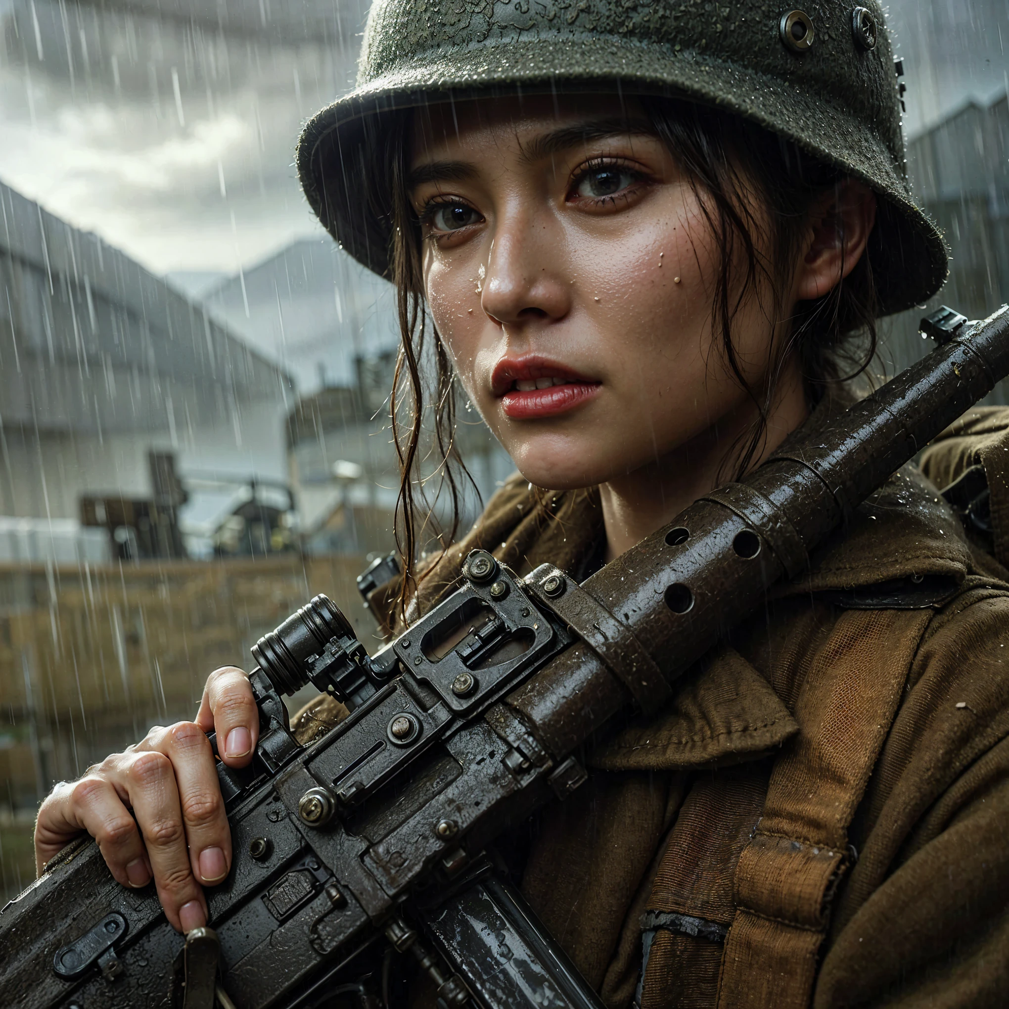 8k,Realistic Photo, Realistic Skin Texture, Superrealism, World War II, Blonde American female soldier, Steam engine reinforced exoskeleton, Bolt action rifle, City on fire, Moving, Vigilance, Rain, 1940s military uniform, leg ties, humidity, sweat, dynamic pose,