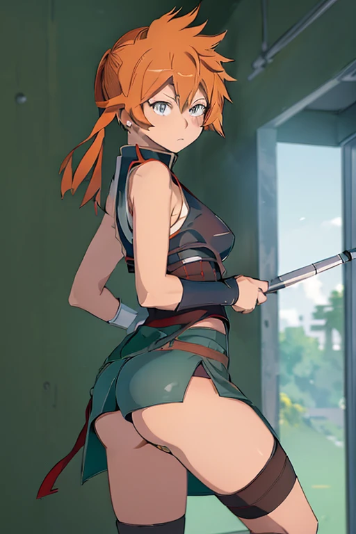 (((itsuka kendo))),(character from the boku no hero academia series),(Wearing),+,(a very sensual short pencil skirt highlighting her ass and a white sleeveless blouse showing her shoulders and showing her breasts)