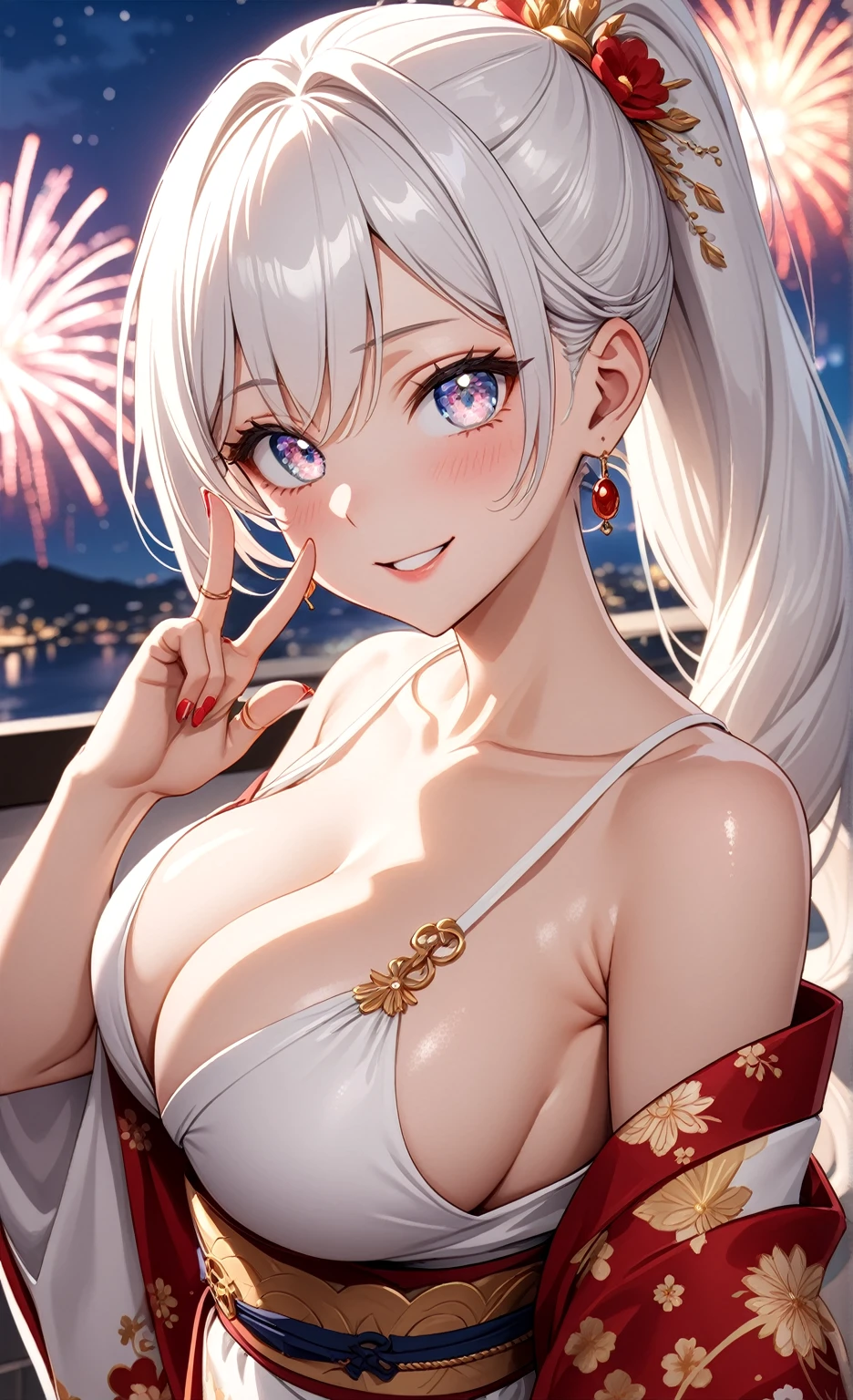 ((one personの女性)), Beautiful Face,Laughing embarrassedly,Laughing with your mouth open,(Bright red cheeks),Glossy pink lips,night,The rooftop of a hotel with a sea view,firework,((Anime style background)),masterpiece, highest quality, so beautiful, Latest, Complex details, (Pink long nails),(ring),AI-generated, Complex,High resolution, highest quality, super high quality,3D Images、View your viewers、3D Images,one person,Long white hair,High Ponytail,blue eyes,Anime woman posing for a photo, ((Fine grain、Silvery white colorful eyes、Shining Eyes:1.3)),(Squint your eyes:1.1),a hyperRealistic , hyperRealistic , Realistic,Anime woman with long and white hair, Smooth anime CG art, A woman in a colorful kimono with gold embroidery, (White kimono),Red floral pattern,Long flower hair ornament,Big earrings,Mature Body,(Big Breasts:1.1),Tall,Big Ass,Fine details,Narrow waist,Abdominal muscles,Shooting from an angle,(Face close-up:1.5),(Making a peace sign)