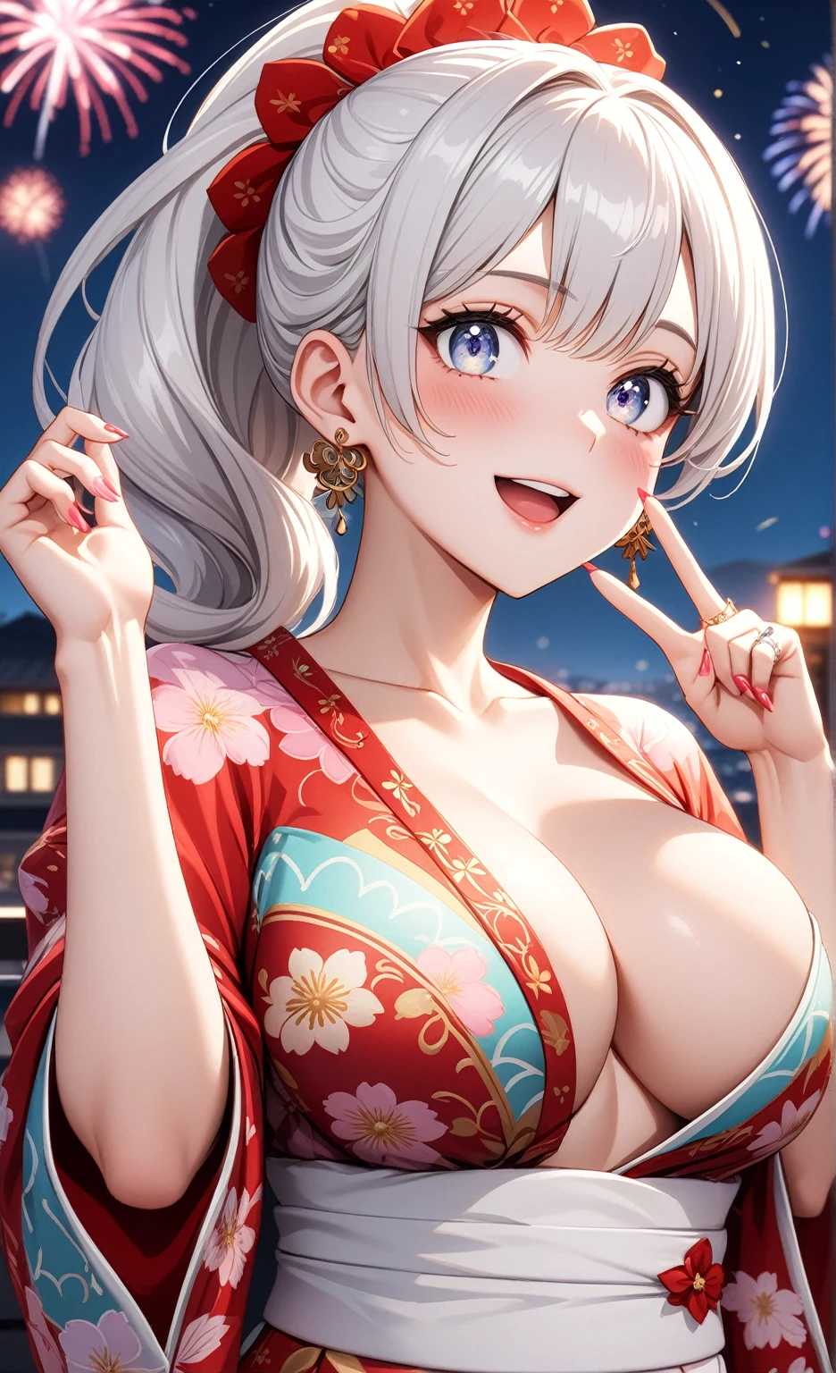 ((one personの女性)), Beautiful Face,Laughing embarrassedly,Laughing with your mouth open,(Bright red cheeks),Glossy pink lips,night,The rooftop of a hotel with a sea view,firework,((Anime style background)),masterpiece, highest quality, so beautiful, Latest, Complex details, (Pink long nails),(ring),AI-generated, Complex,High resolution, highest quality, super high quality,3D Images、View your viewers、3D Images,one person,Long white hair,High Ponytail,blue eyes,Anime woman posing for a photo, ((Fine grain、Silvery white colorful eyes、Shining Eyes:1.3)),(Squint your eyes:1.1),a hyperRealistic , hyperRealistic , Realistic,Anime woman with long and white hair, Smooth anime CG art, A woman in a colorful kimono with gold embroidery, (White kimono),Red floral pattern,Long flower hair ornament,Big earrings,Mature Body,(Big Breasts:1.1),Tall,Big Ass,Fine details,Narrow waist,Abdominal muscles,Shooting from an angle,(Face close-up:1.5),(Making a peace sign)