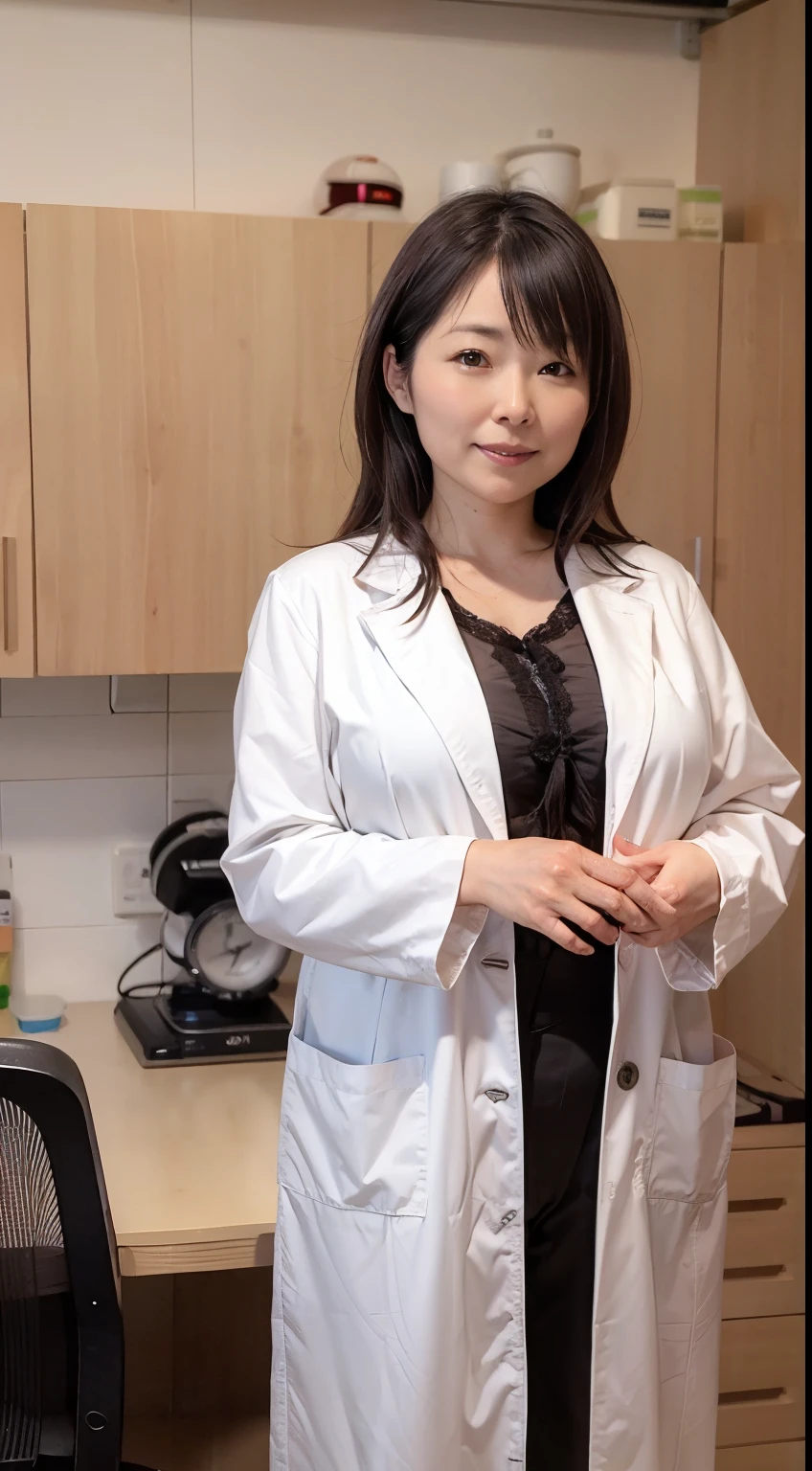 A 44-year-old woman named Naoko, wearing a white lab coat. She has dark brown semi-long hair tied back. She is in a hospital or clinic with medical equipment and patient charts. Big breasts big breasts