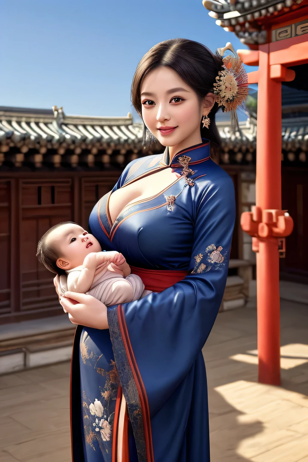 {{masterpiece, best quality, extremely detailed CG, unity 8k wallpaper, cinematic lighting}}, traditional Chinese ink painting, 1girl, 1baby, young woman holding a , full body, ancient architecture, blue sky, sunny day, wooden architecture, prominent protagonist, smile, big eyes, beautiful detailed eyes, (big breasts, cleavage), round ass, looking at the audience, long eyelashes,