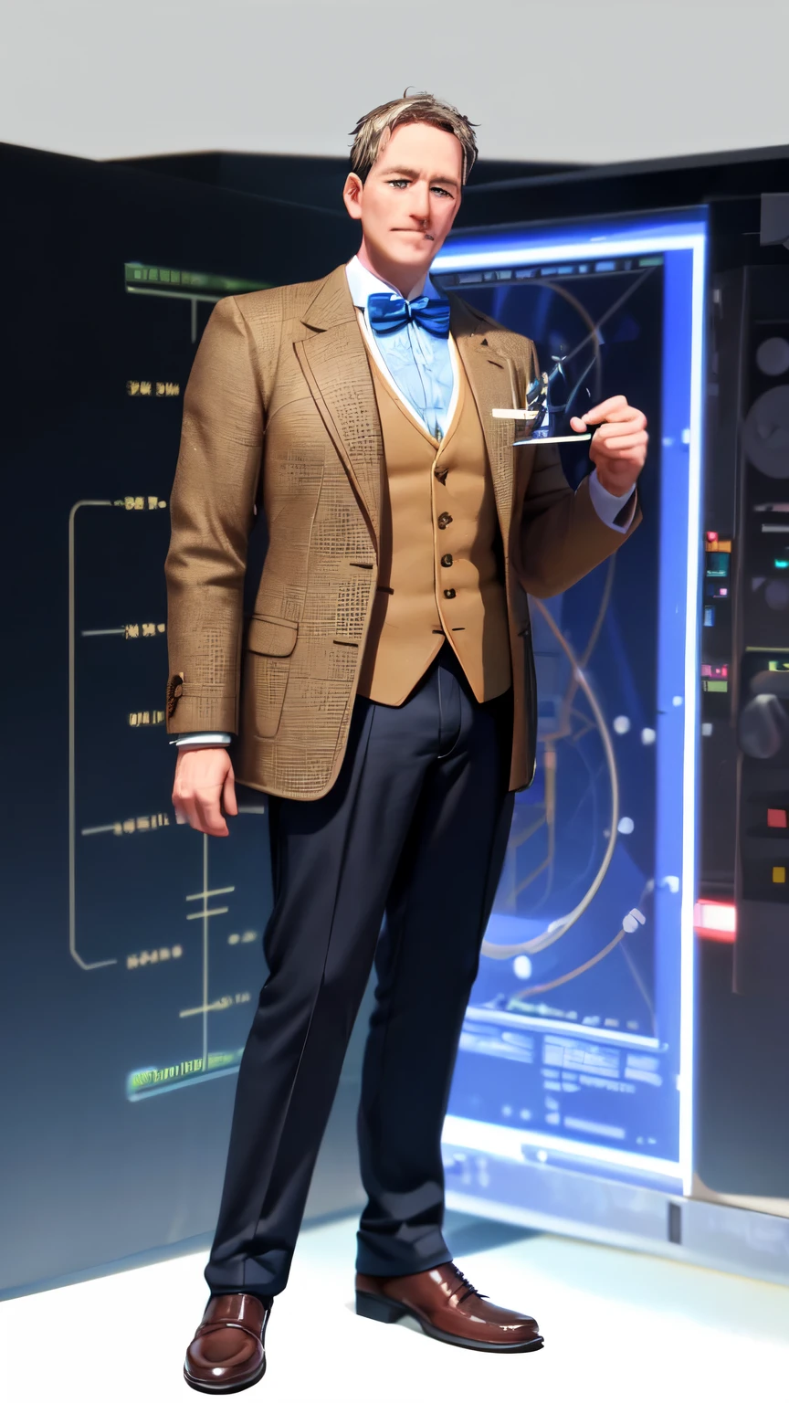 James, a 42-year-old physics professor, exudes an aura of quiet confidence
with his tall, lean stature and intense blue eyes. Clad in tweed jackets and bow ties, he had been conducting experiments to prove his theories about time travel, wide angle, front view, full body visible, 12K ultra high resolution, 3D pixar style
