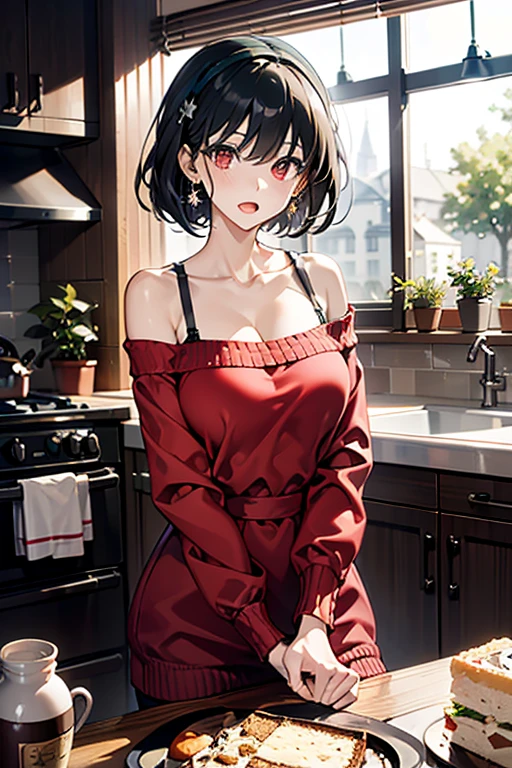 masterpiece, yor, 1girl, Amazing Cleavage:1.3, thin waist, big ass, Raised sexy, medium breast: 1.8 posed cleavage:1.2、solo, looking at viewer, open mouth, have a cup of coffee,black hair, red eyes, dress, bare shoulders, jewelry, collarbone, sidelocks, hairband, earrings, indoors, off shoulder, :o, sweater, arms behind back, plant, short hair with long locks, white hairband, off-shoulder long dress, sweater dress, off-shoulder sweater, red sweater, big side hair, very long side hair,is rendered in (masterpiece: 1.2, best quality), with (ultra high resolution) and an exquisite (depth of field). This masterpiece is not only visually stunning but also tells, make of cake cooking ,in the kitchen
