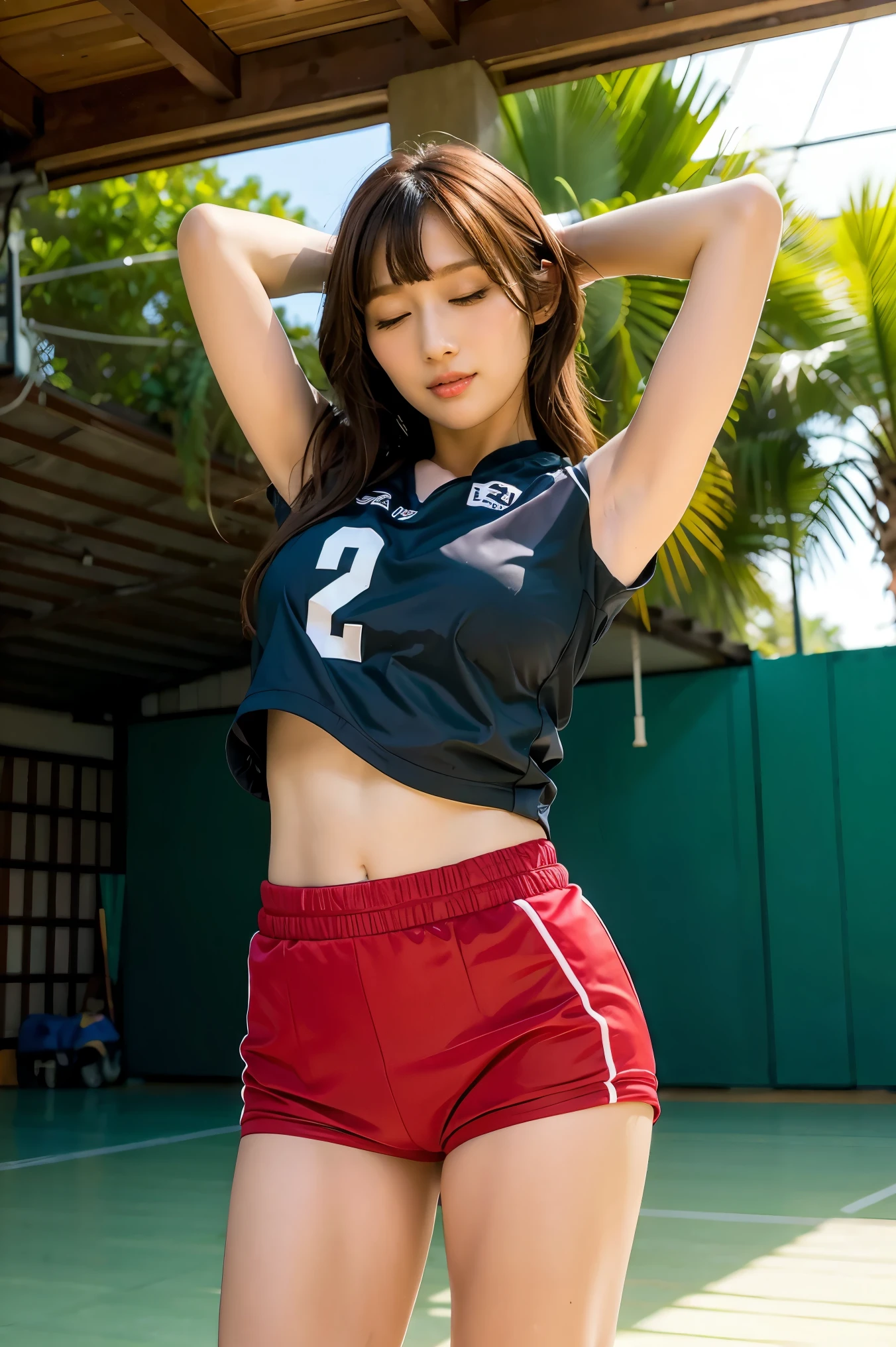 1lady solo, /(volleyball uniform/), /(dark brown hair/) bangs, blush light smile, (masterpiece best quality:1.2) delicate illustration ultra-detailed, large breasts BREAK /(volleyball court indoors/)
action pose, 
drunk, closed eyes, 
abandoned building, shopping mall, overgrown with vegetation, [volumetric fog], cinematic lighting, colorful, 
beach background, 
1girl, random formal attire, (fantasy world)