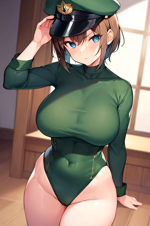 1girl, military hat, hat, brown hair, cap, very short hair, blue eyes, military, green leotard, salutr, serious, leotard, thick thighs, mature female, toned, bare legs, shoes, cleavage, huge breasts, pixie cut, wide hips, tall, tall female