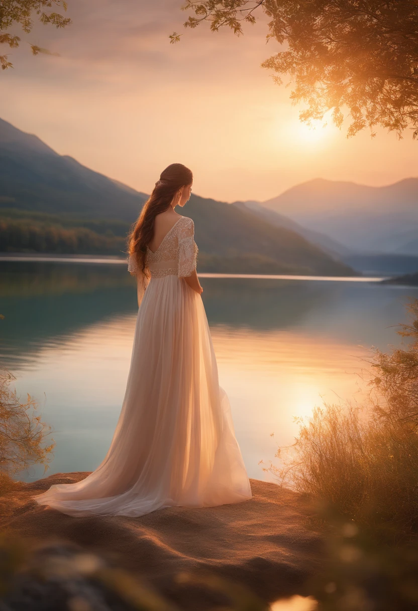 1 girl, Calm expression, Captivating eyes, Straight Long Hair, Flowing Dress, Calm posture, Porcelain-like skin, A faint blush, Crystal Pendant BREAK Golden Hour, (Rim Light):1.2, Warm tones, Solar flare, Soft Shadows, Vibrant colors, Painterly effect, Dream-like atmosphere BREAK Beautiful lake, Distant Mountain, Willow Tree, Calm water, reflection, Sunlit clouds, Peaceful atmosphere, Beautiful sunset, Ultra-detailed, Official Art, unity 8k wallpaper , Zentangle, Mandala、men and women、Couple、Holding hands