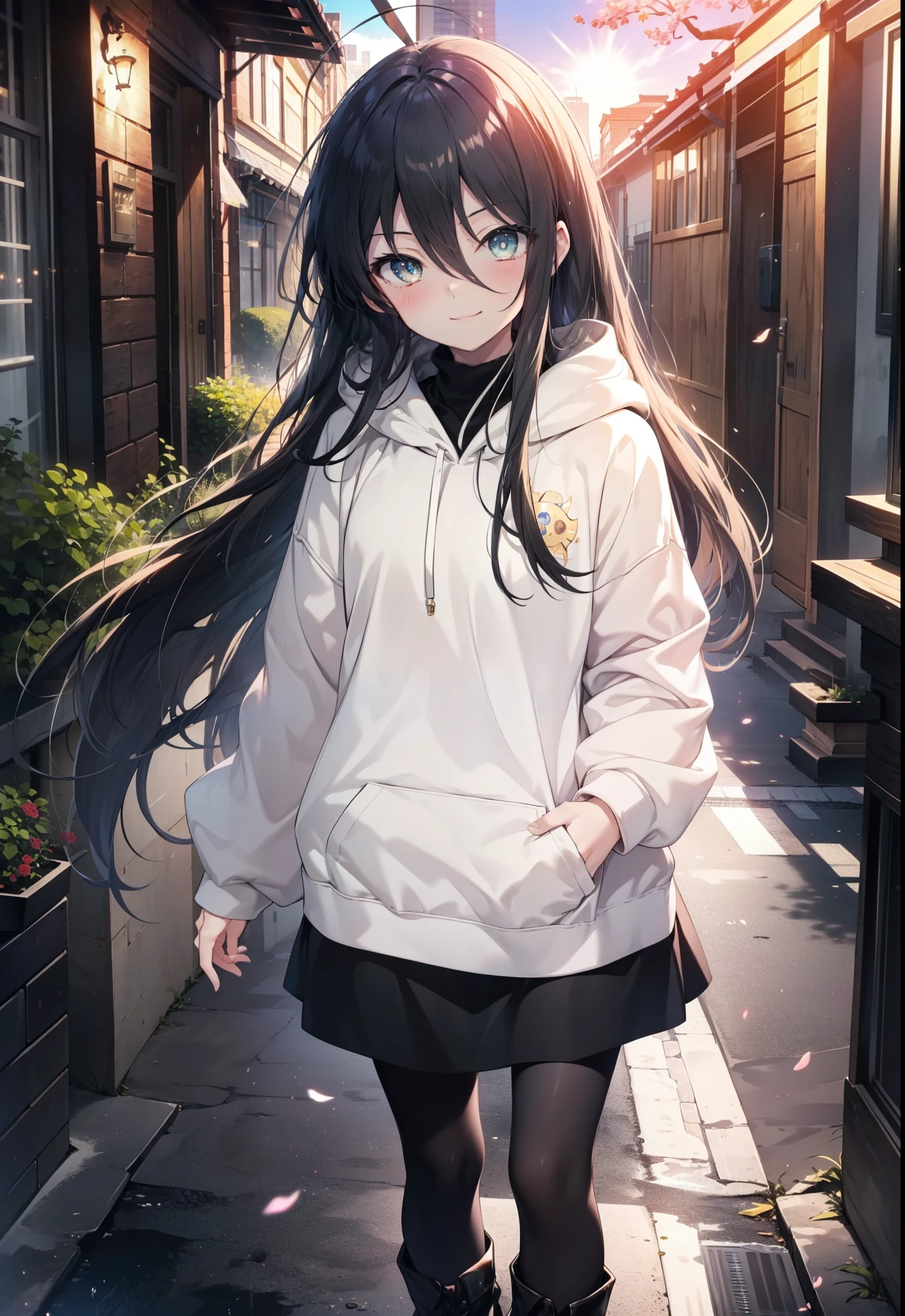 Shana,灼眼のShana,Ahoge,Long Hair,Black, Iris, Small breasts,happy smile, smile, Close your mouth,blush,Oversized hoodie,Black long skirt,Black pantyhose,short boots,walking,morning,morning陽,The sun is rising,whole bodyがイラストに入るように,
break looking at viewer, whole body, 
break outdoors, Building district,
break (masterpiece:1.2), highest quality, High resolution, unity 8k wallpaper, (shape:0.8), (Beautiful and beautiful eyes:1.6), Highly detailed face, Perfect lighting, Highly detailed CG, (Perfect hands, Perfect Anatomy),