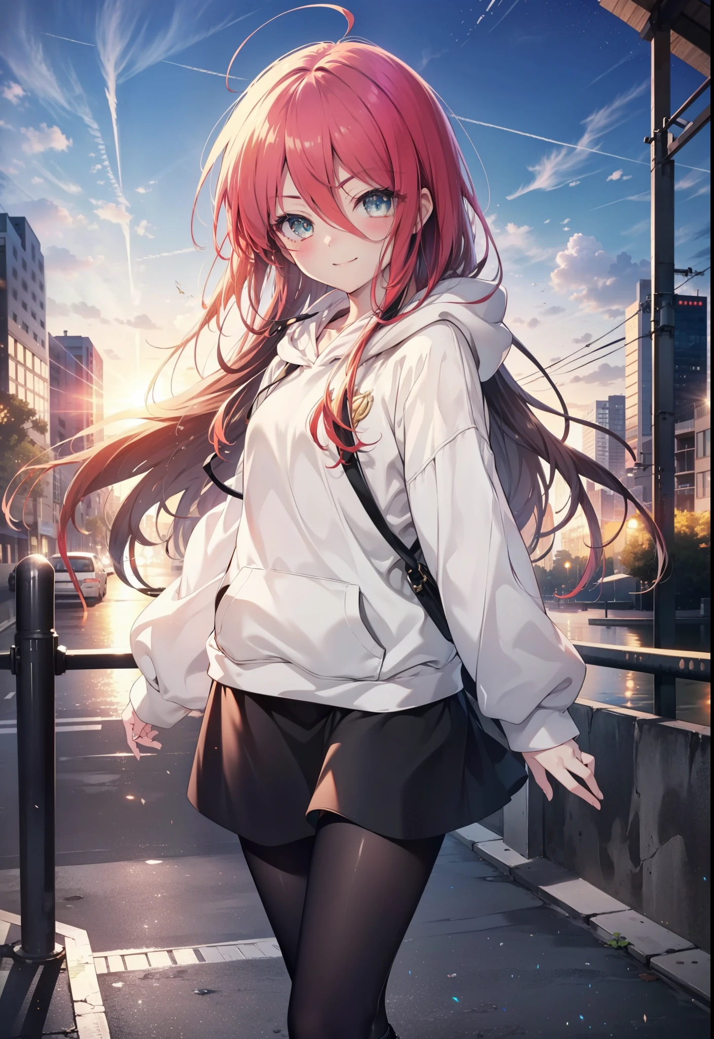 Shana,灼眼のShana,Ahoge,Long Hair,Black, Iris, Small breasts,happy smile, smile, Close your mouth,blush,Oversized hoodie,Black long skirt,Black pantyhose,short boots,walking,morning,morning陽,The sun is rising,whole bodyがイラストに入るように,
break looking at viewer, whole body,
break outdoors, Building district,
break (masterpiece:1.2), highest quality, High resolution, unity 8k wallpaper, (shape:0.8), (Beautiful and beautiful eyes:1.6), Highly detailed face, Perfect lighting, Highly detailed CG, (Perfect hands, Perfect Anatomy),