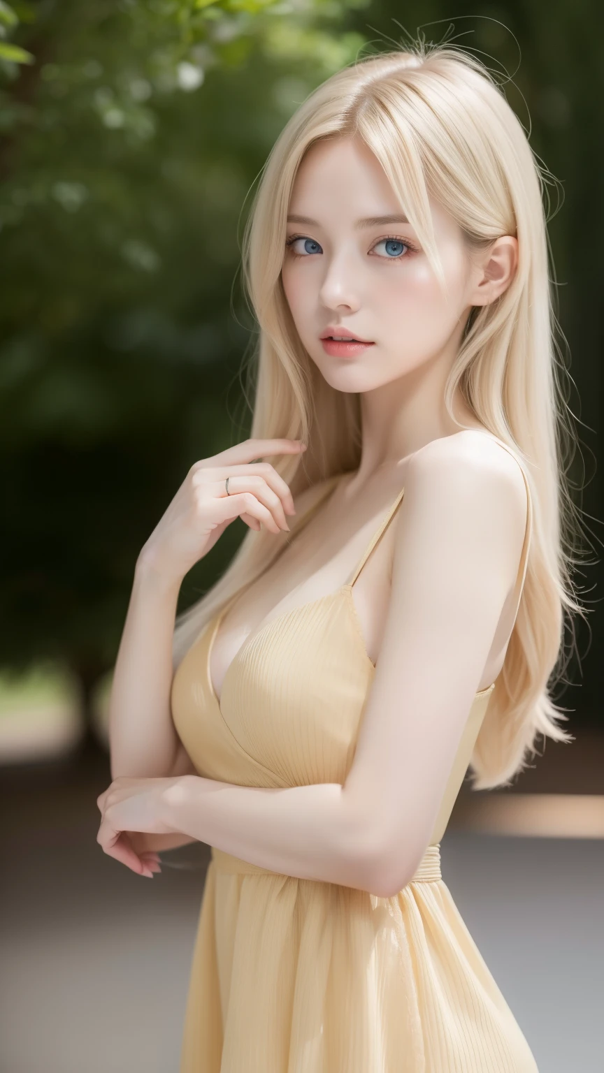 幻想的な空間に佇むbeautiful女性, White and gold tight micro dress, 8k, masterpiece, highest quality, expensive quality:1.4),Front view, eye_touch,Multiple photo poses, Very cute face, and very pretty eyes, Cute Images, Cute Images, Half Body,Long legs,Slim and sexy body, 背のexpensive女性, height: 177cm, alone, beautiful, Lovely, Adorable, Pale skin, 18〜22 year old German woman, look beautiful German girl and blue eyes or green eyes with platinum blonde hair color), Scandinavian German girl, Half Girl,expensive_all,Large Breasts、Cleavage