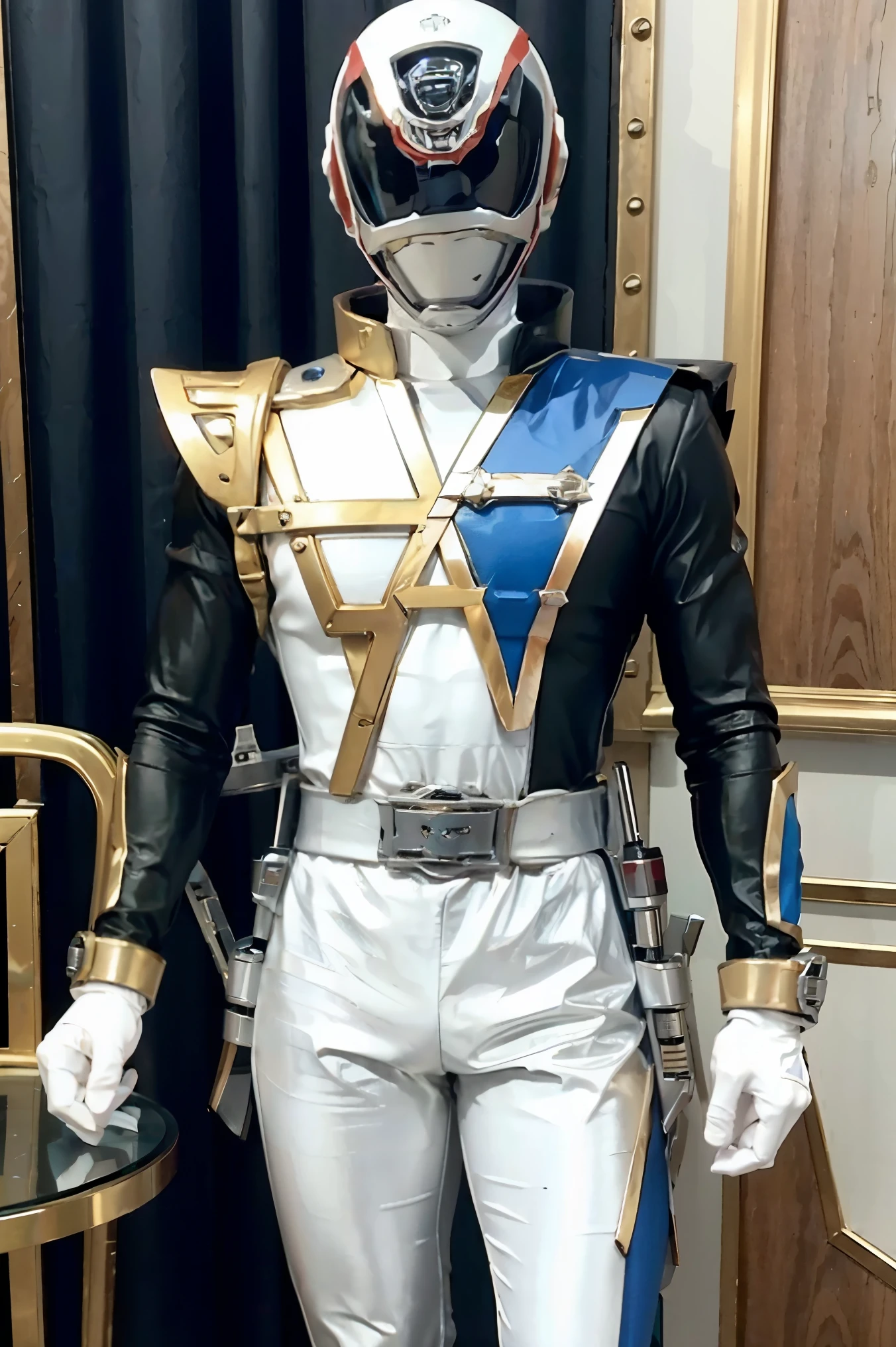 Fantasy background, cafe rpg style, empty chair, table, set of tea glass, (power rangers)), One guy、, ((white ranger suit)), red and blue chest armor with gold details, costume, Solo, ((fit figure)), (Anatomically correct), Cowboy shot, masked face, guns, muscular build