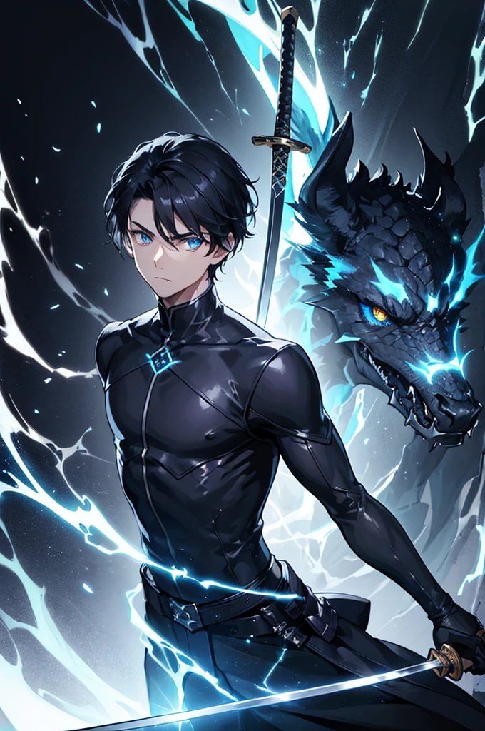 A young boy with dark clothes and hair, glowing blue eyes illuminating the darkness, wielding a katana sword, with electricity in the form of a dragon surrounding him, dark background, electricity, power, sword