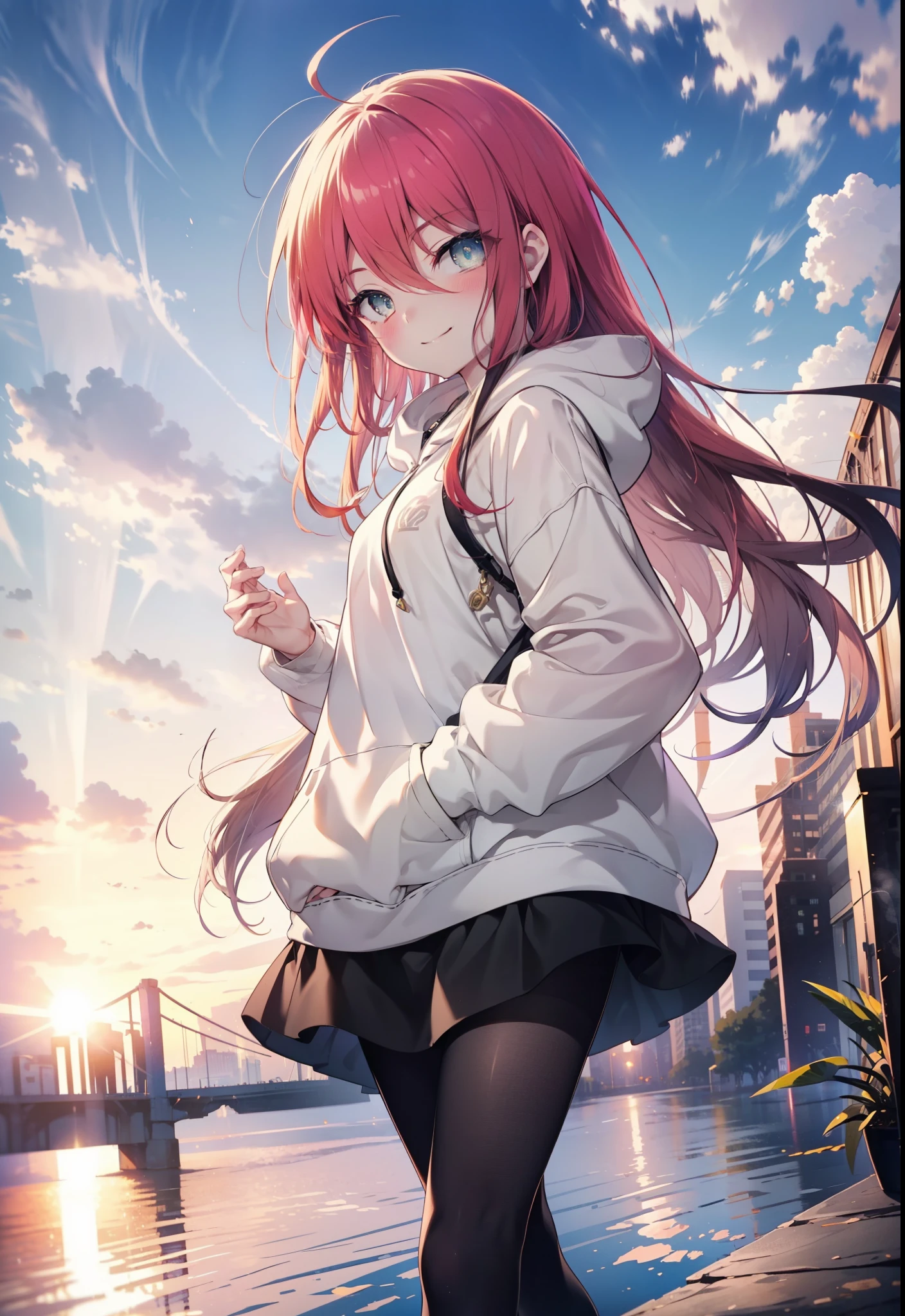 Shana,灼眼のShana,Ahoge,Long Hair,Black, Iris, Small breasts,happy smile, smile, Close your mouth,blush,Oversized hoodie,Black long skirt,Black pantyhose,short boots,walking,morning,morning陽,The sun is rising,whole bodyがイラストに入るように,
break looking at viewer, whole body,
break outdoors, Building district,
break (masterpiece:1.2), highest quality, High resolution, unity 8k wallpaper, (shape:0.8), (Beautiful and beautiful eyes:1.6), Highly detailed face, Perfect lighting, Highly detailed CG, (Perfect hands, Perfect Anatomy),