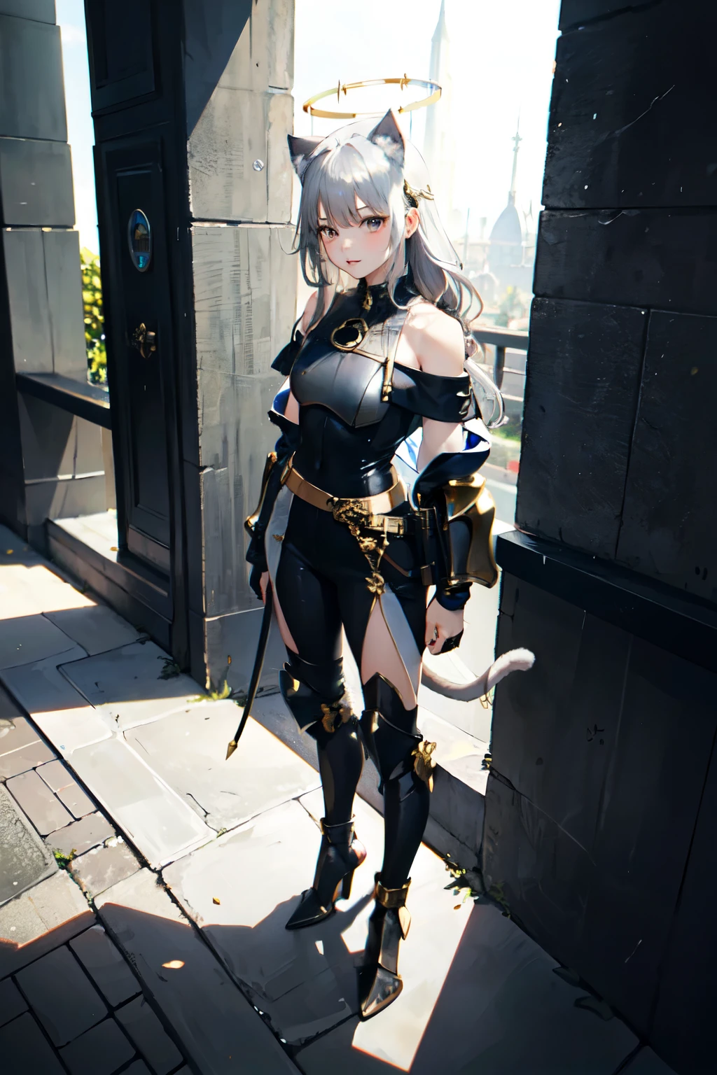 ((best quality)), ((masterpiece)), (detailed), rogue, 1girl, off-shoulder, pants, solo, full body, standing, armored dress, leather armor, (halo, gold trim), gray hair, cat ears, cat tail