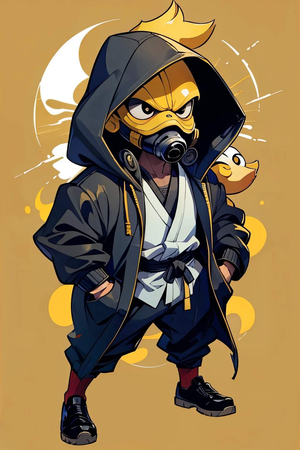 yellow duck in an Akatsuki cloak, he holds a mask that covers his face with a katana, a secretive man