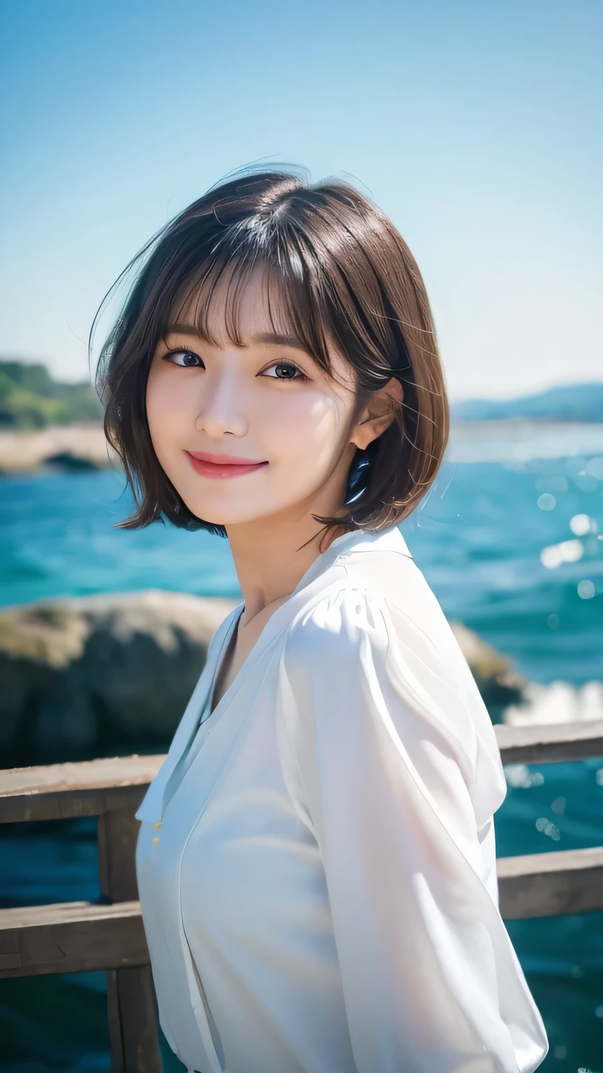 (highest quality,masterpiece:1.3,Ultra-high resolution),(Very detailed,Caustics,8k),(Realistic:1.4,RAW shooting),Japanese,28 years old,cute,I'm looking at the camera with a smile on my face,Black hair fluttering in the wind,short hair,Duck Mouth,Natural Makeup,big ,White blouse,Bust up shot,The sea shines as it reflects the sunlight.,Warm Light,Natural light,Professional Writing