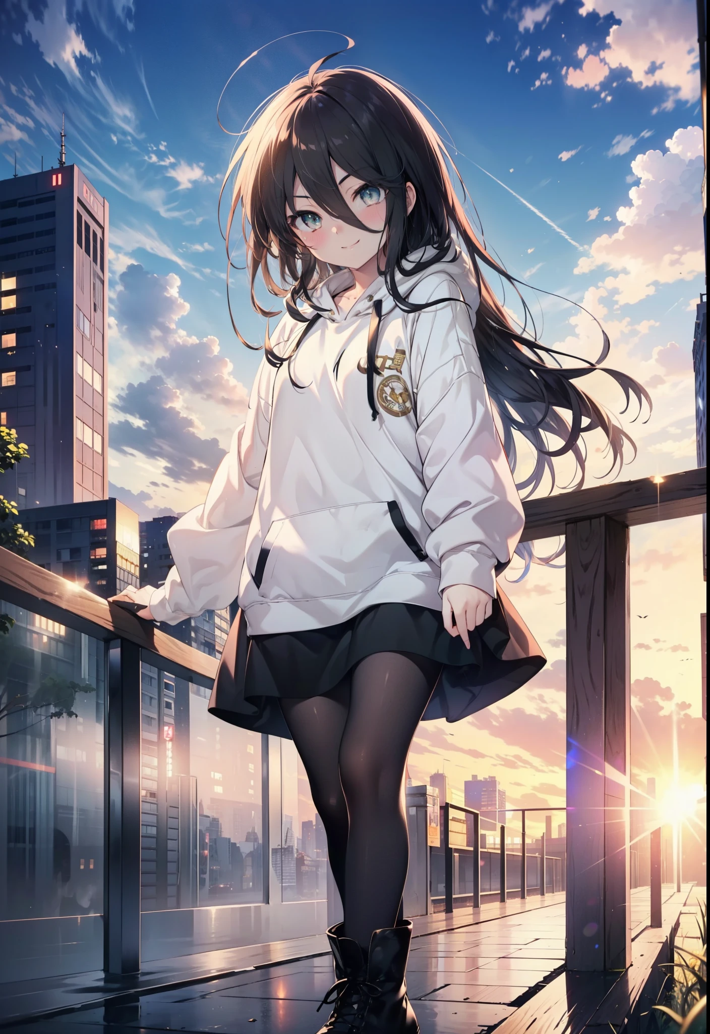 Shana,灼眼のShana,Ahoge,Long Hair,Black, Iris, Small breasts,happy smile, smile, Close your mouth,blush,Oversized hoodie,Black long skirt,Black pantyhose,short boots,walking,morning,morning陽,The sun is rising,whole bodyがイラストに入るように,
break looking at viewer, whole body, 
break outdoors, Building district,
break (masterpiece:1.2), highest quality, High resolution, unity 8k wallpaper, (shape:0.8), (Beautiful and beautiful eyes:1.6), Highly detailed face, Perfect lighting, Highly detailed CG, (Perfect hands, Perfect Anatomy),