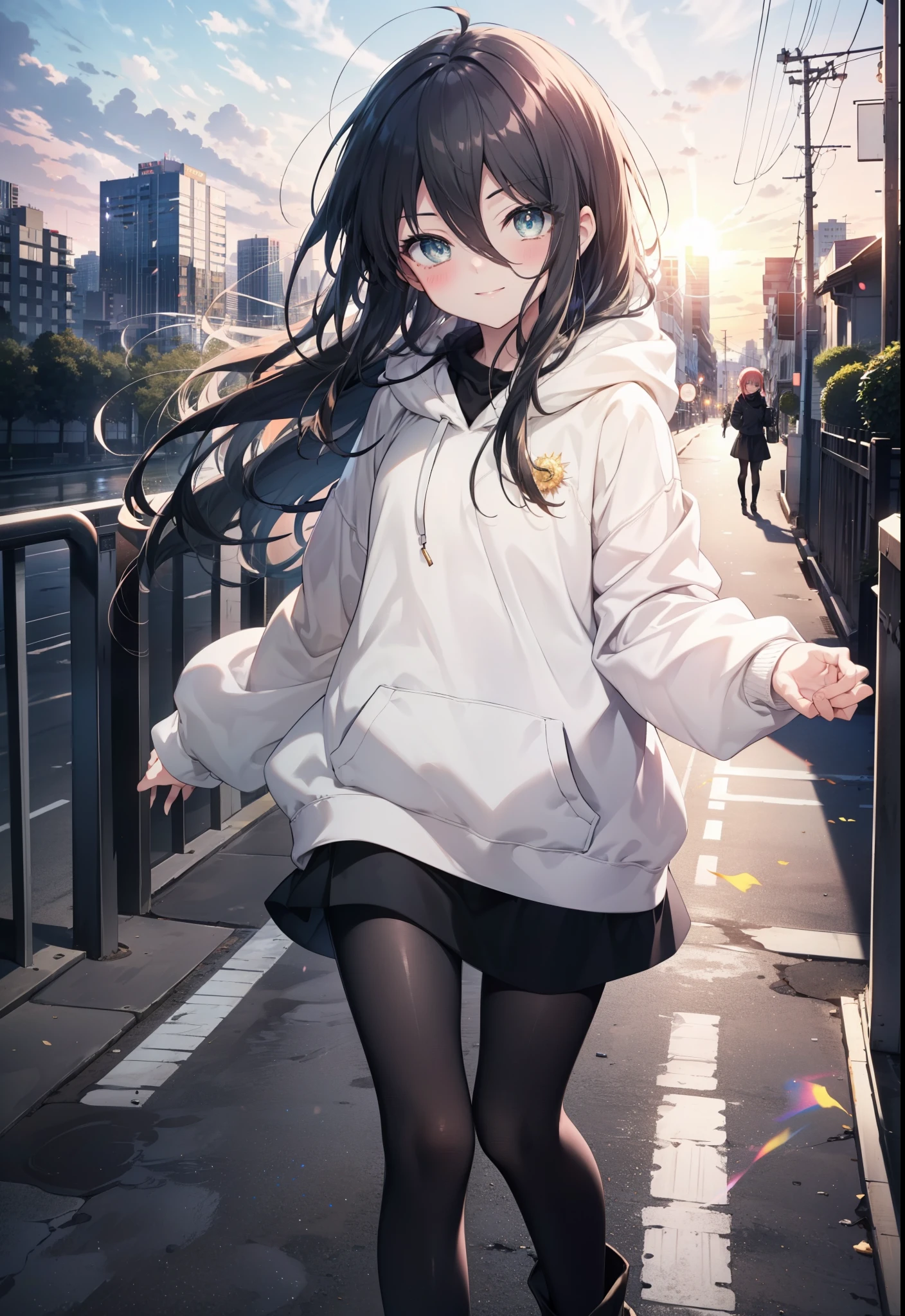 Shana,灼眼のShana,Ahoge,Long Hair,Black, Iris, Small breasts,happy smile, smile, Close your mouth,blush,Oversized hoodie,Black long skirt,Black pantyhose,short boots,walking,morning,morning陽,The sun is rising,whole bodyがイラストに入るように,
break looking at viewer, whole body, 
break outdoors, Building district,
break (masterpiece:1.2), highest quality, High resolution, unity 8k wallpaper, (shape:0.8), (Beautiful and beautiful eyes:1.6), Highly detailed face, Perfect lighting, Highly detailed CG, (Perfect hands, Perfect Anatomy),