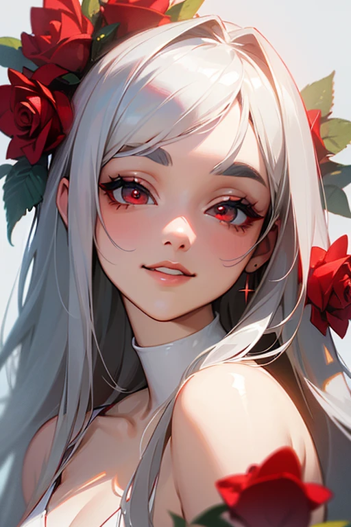 (highest quality, masterpiece:1.2), High resolution, 最高masterpiece、Very detailed, Realistic:1.37, Fantasy, An illustration,Gray Hair、 Red eyes、Queen, White and red swimsuit、beautifully、Eyeshadow Red、Thick eyebrows、Long eyelashes、pupils are black、shiny on the lips、Top Sites、Queen、Princess、A kind smile、Show your teeth a little and smile、Soft impression、people々々々々々々々々Loved by、Slimming the face、Kissing Face、Long white hair、Shaggy Bangs、Save face image、Long straight line、Many roses in the background、White and red bikini、