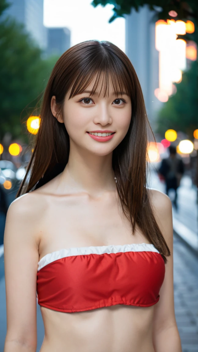 One Girl, (strapless micro bikini:1.4), 
(RAW Photos, highest quality), (Realistic, Realistic:1.4), Tabletop, 
Very delicate and beautiful, Very detailed, 2k wallpaper, wonderful, In detail, Very small breasts、Small breasted girl、
Very detailedな CG Unity 8K 壁紙, Very detailedな, High resolution, Soft Light, 
Beautiful detailed girl, Very detailedな目と顔, Beautiful and detailed nose, Beautiful details, Cinema Lighting, 
Winter Night View, Illumination of the street trees at Roppongi Hills, that&#39;it&#39;s snowing,
Perfect Anatomy, Slender body,bangs, View your audience, smile、