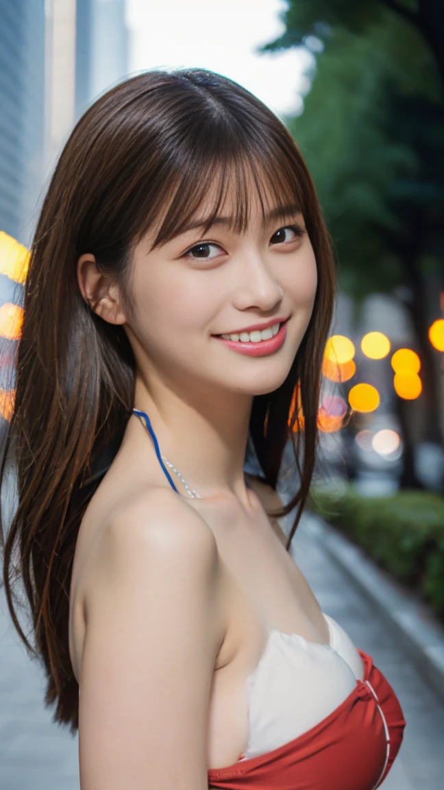 One Girl, (strapless micro bikini:1.4), 
(RAW Photos, highest quality), (Realistic, Realistic:1.4), Tabletop, 
Very delicate and beautiful, Very detailed, 2k wallpaper, wonderful, In detail, Very small breasts、Small breasted girl、
Very detailedな CG Unity 8K 壁紙, Very detailedな, High resolution, Soft Light, 
Beautiful detailed girl, Very detailedな目と顔, Beautiful and detailed nose, Beautiful details, Cinema Lighting, 
Winter Night View, Illumination of the street trees at Roppongi Hills, that&#39;it&#39;s snowing,
Perfect Anatomy, Slender body,bangs, View your audience, smile、