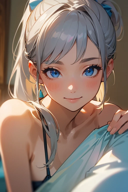 (masterpiece: 1.2, highest quality), (Actual Photos, Intricate details), 1. woman, alone, Upper Body, casual, Shoulder-length hair, Minimal makeup, Natural materials, Face close-up, smile, Home, Gray Hair, blue eyes, Shoulder Bare、ponytail、Swimwear、