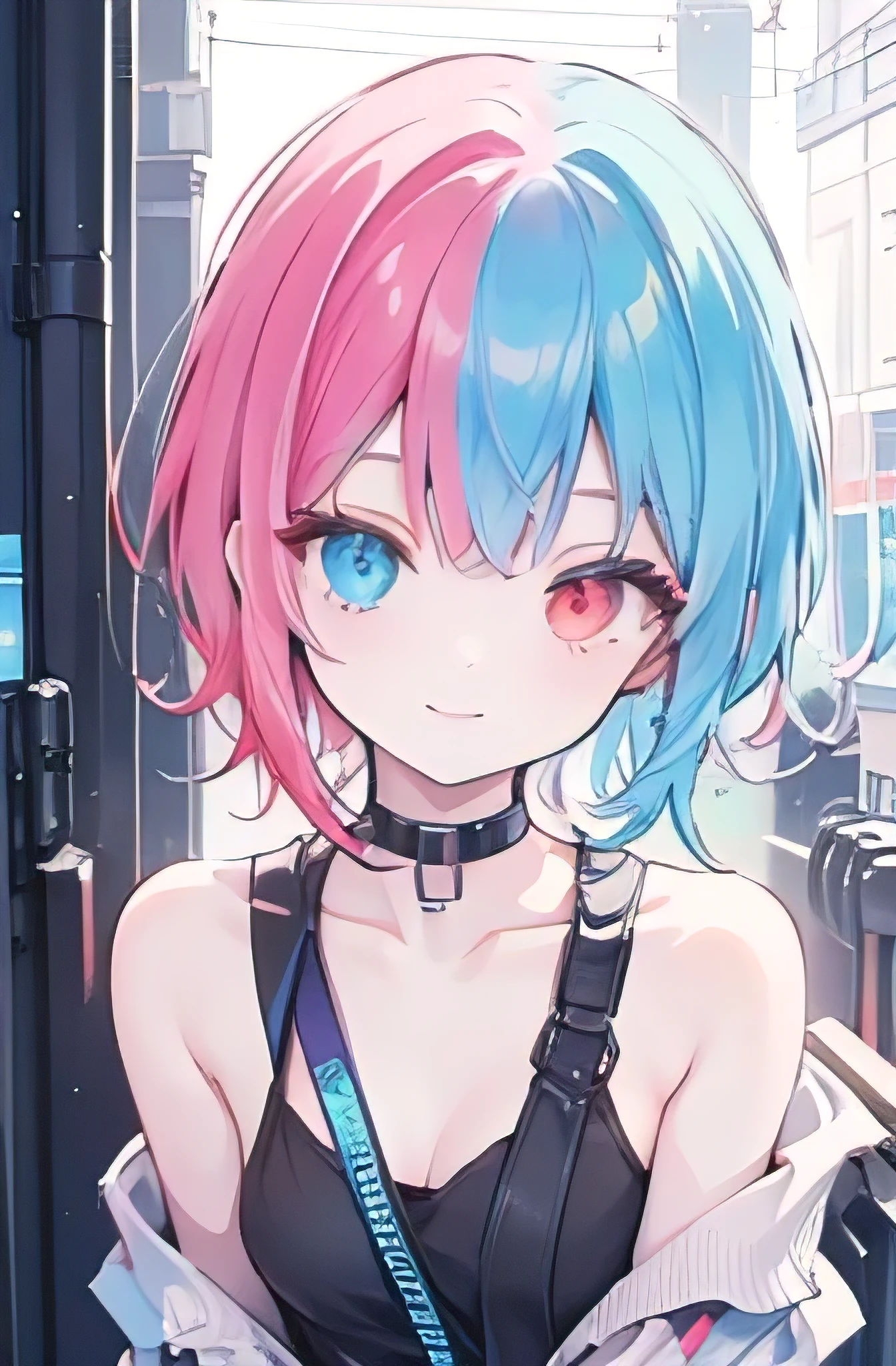 1girl, anime_coloring, yellow+red_eyes, blue_hair,multicolored eyes+heterochromia, _short_hair, smile, solo, style_parody wearing_cyberpunk_clothes,